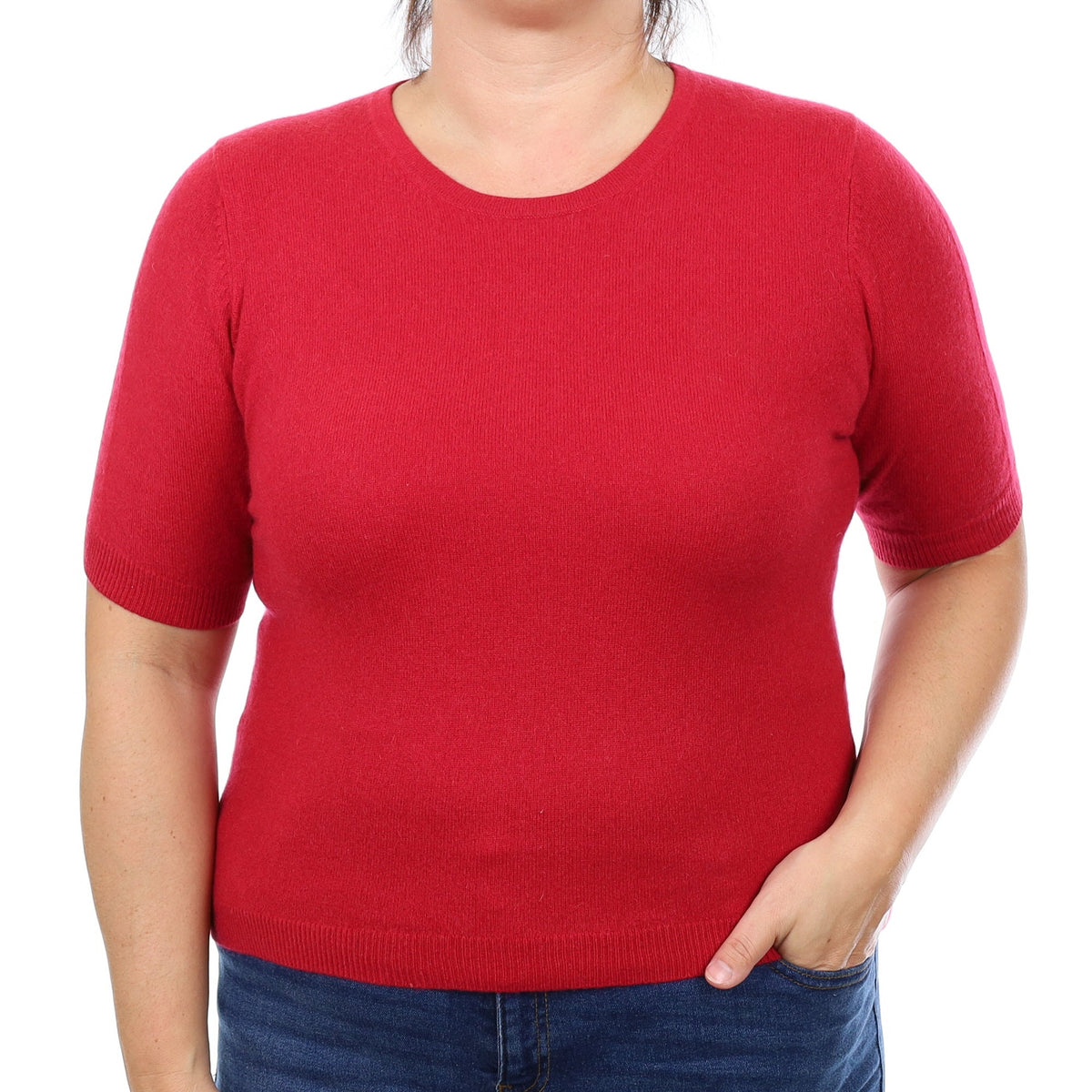 Ruby Red Cashmere Short Sleeved Crew Neck Jumper Large