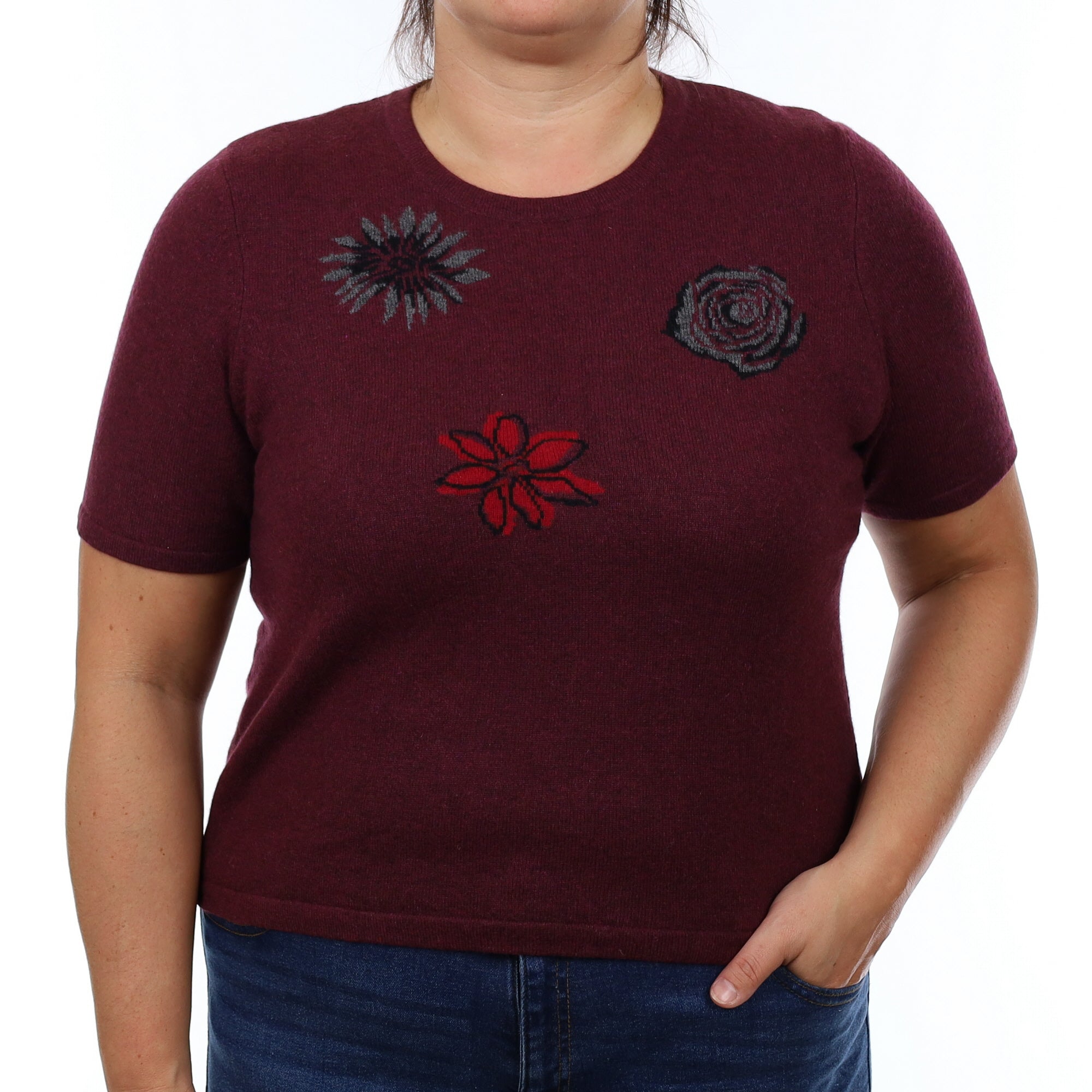 Bramble Purple Floral Cashmere Short Sleeved Crew Neck Jumper Large