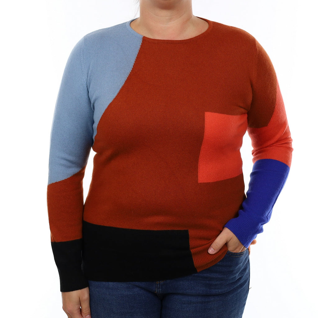 Rust Colour Block Cashmere Crew Neck Jumper Large