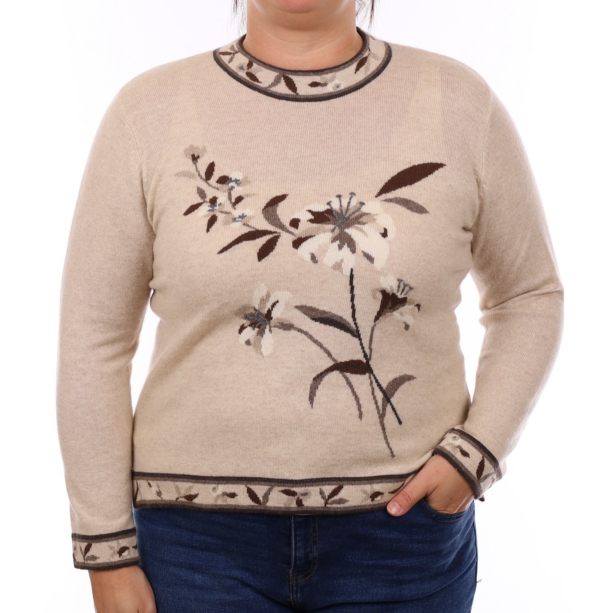 Oatmeal Floral Cashmere Crew Neck Jumper Large