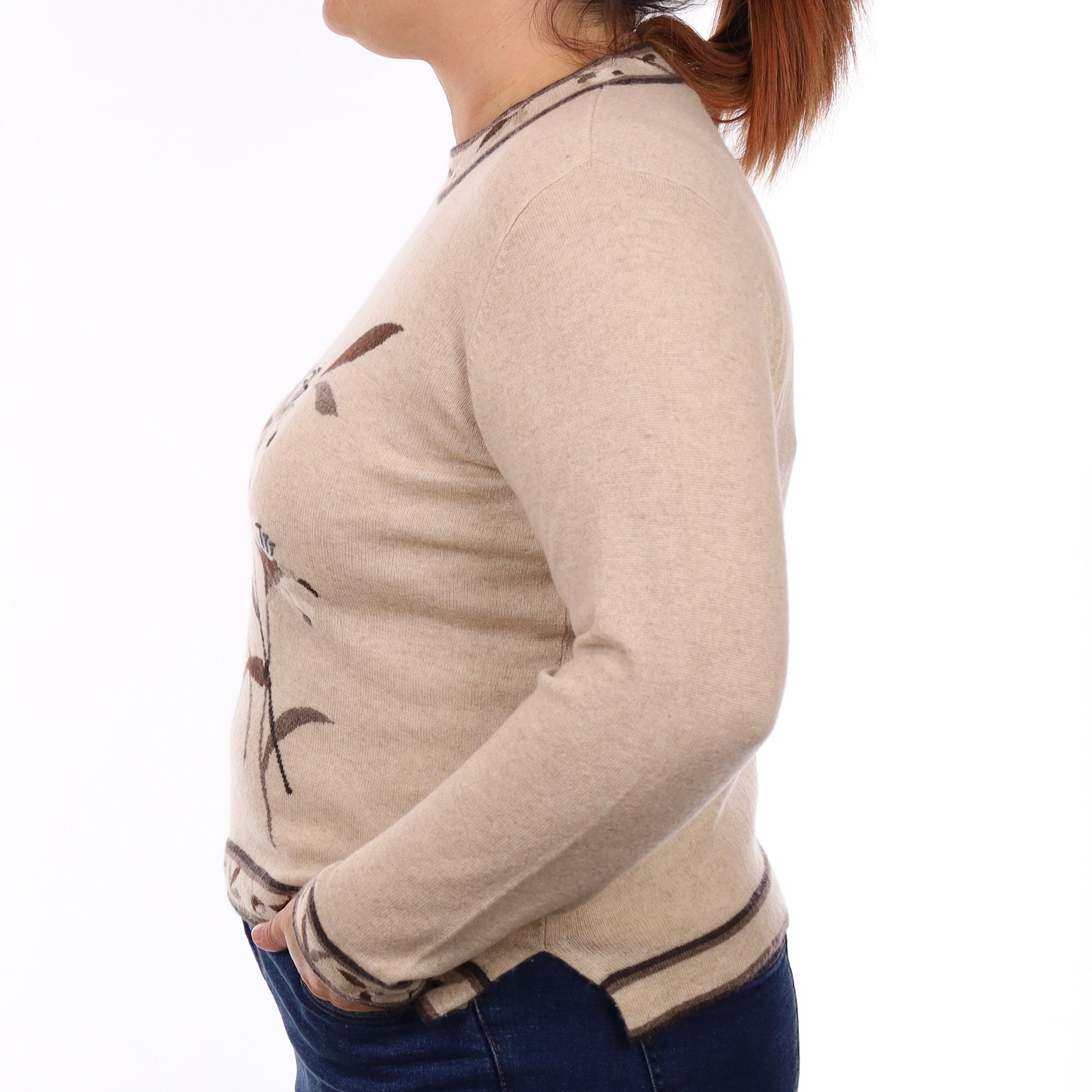 Oatmeal Floral Cashmere Crew Neck Jumper Large