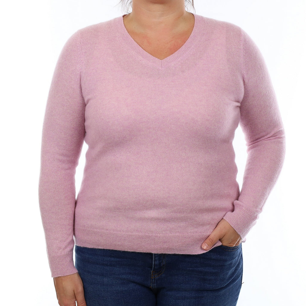 Mauve Pink Marl Cashmere V Neck Jumper Large