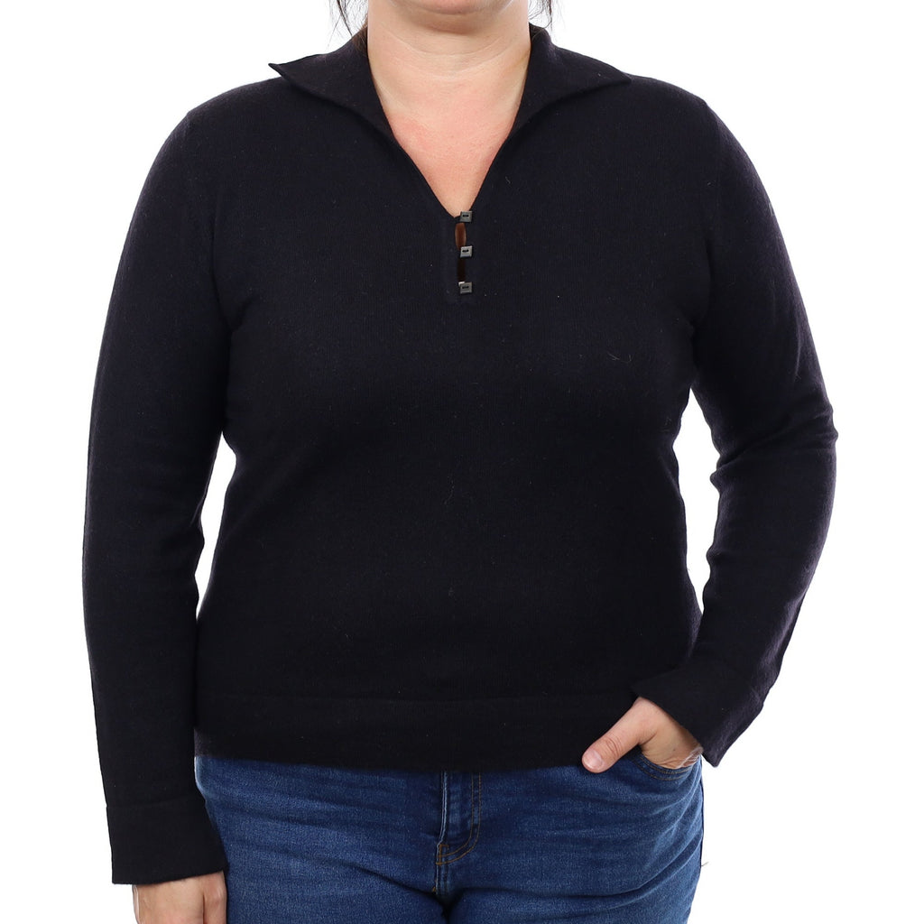Scottish Black Cashmere Collared 1/4 Button Jumper Large
