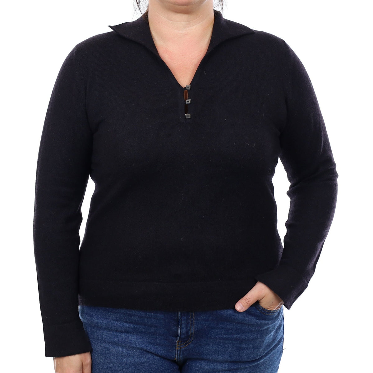 Scottish Black Cashmere Collared 1/4 Button Jumper Large