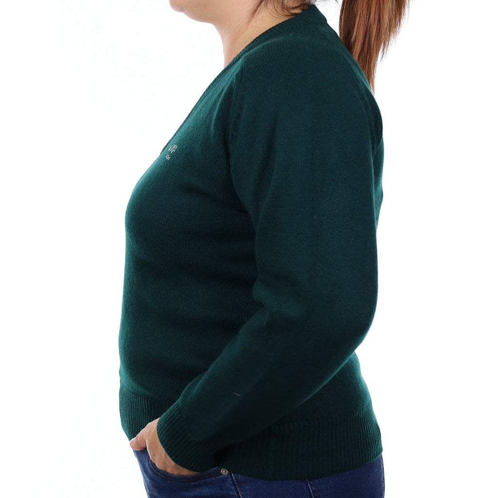 Bottle Green Heavy Knit Cashmere V Neck Jumper Large