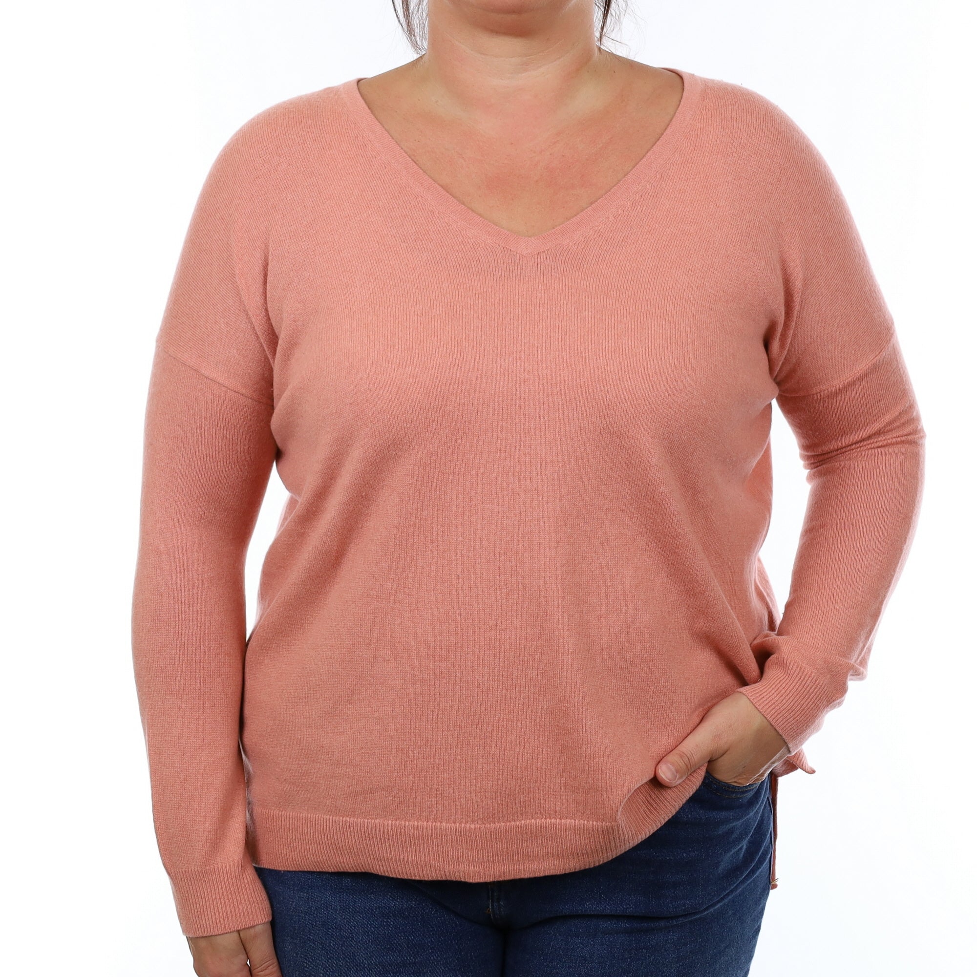 Salmon Pink Cashmere Boxy V Neck Jumper Large