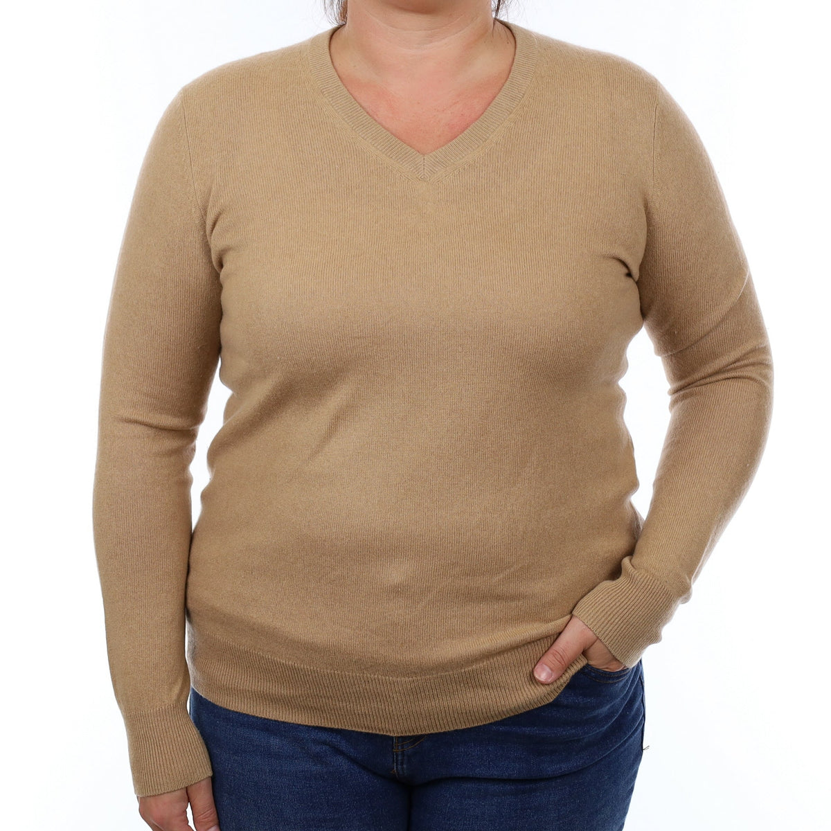 Caramel Brown Cashmere V Neck Jumper Large