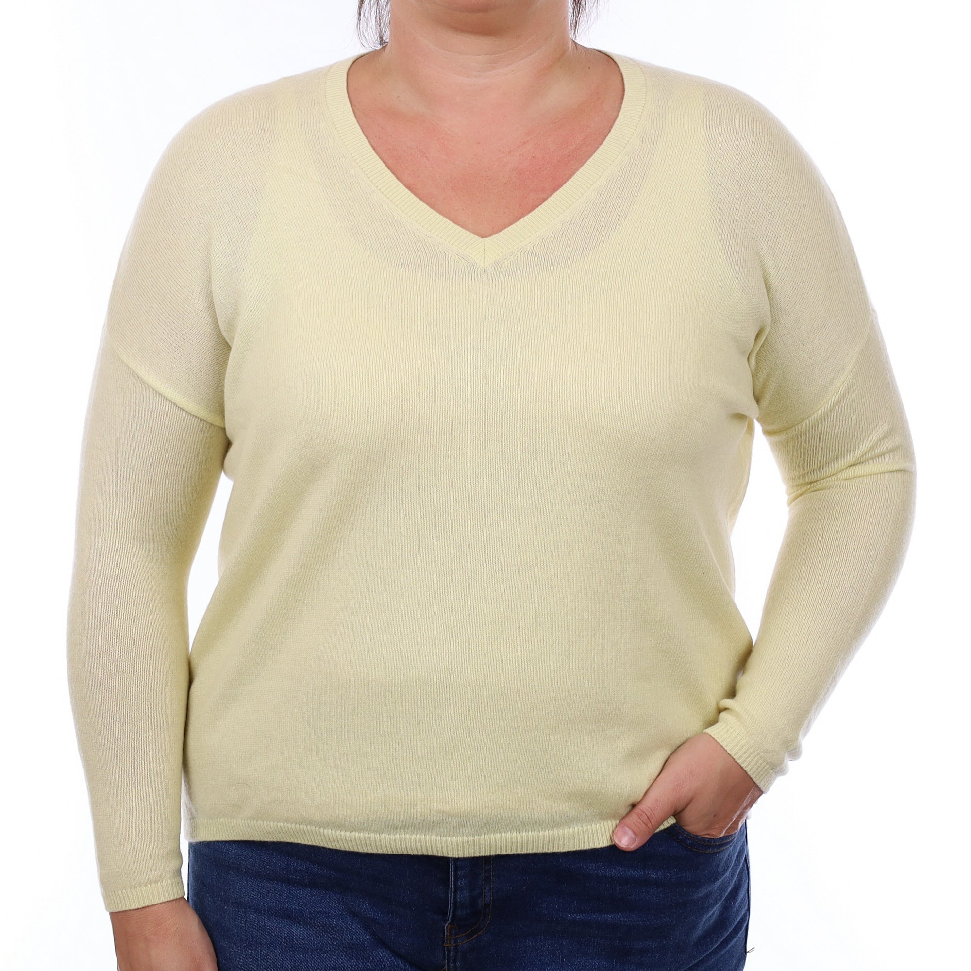 Pale Primrose Yellow Cashmere Slouchy V Neck Jumper Large