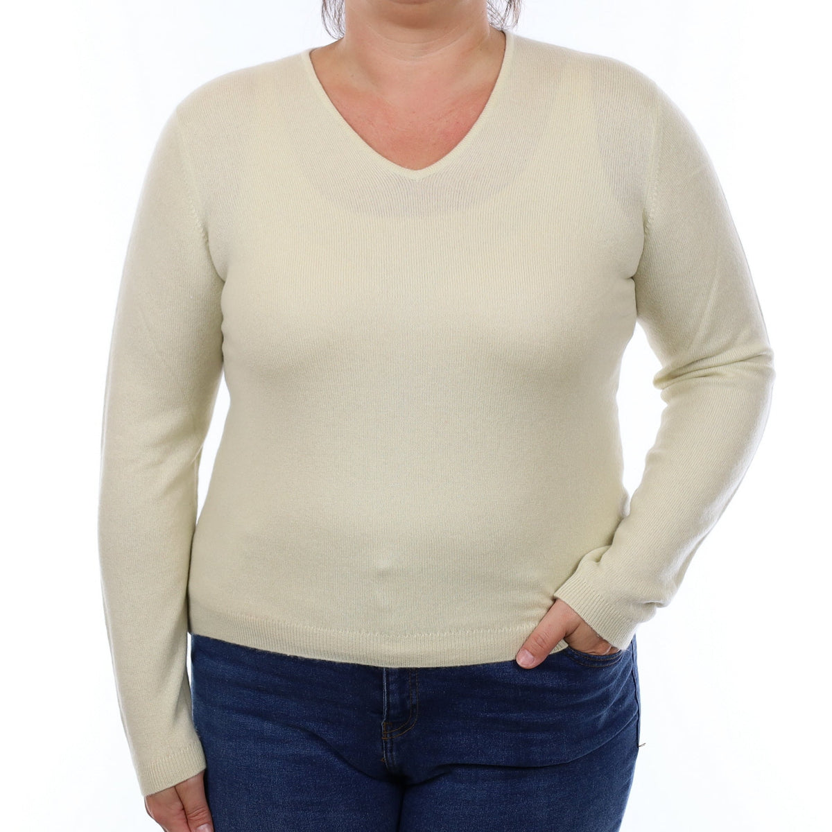 Pale Yellow Cashmere V Neck Jumper Large