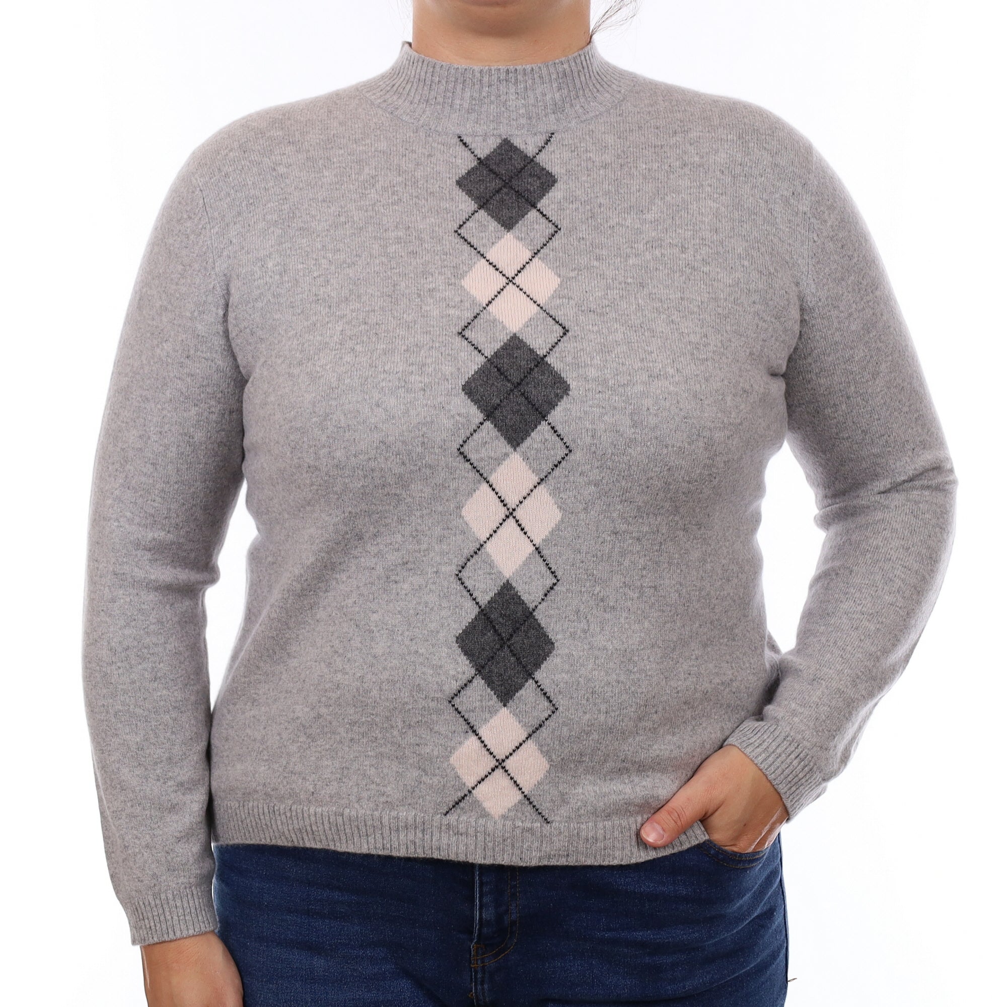 Grey Diamond Patterned Cashmere Turtleneck Jumper Large