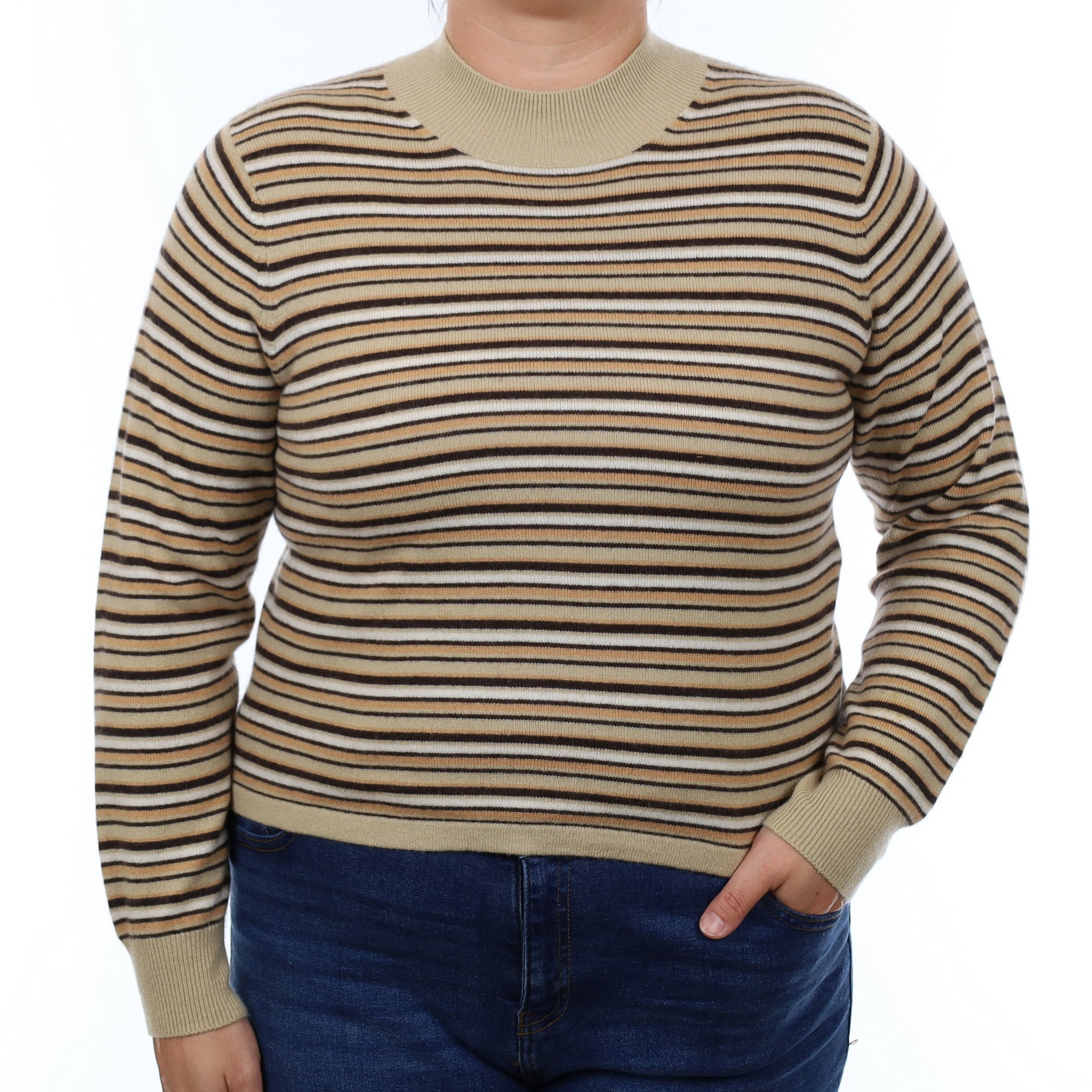 Camel Striped Cashmere Turtleneck Jumper Large
