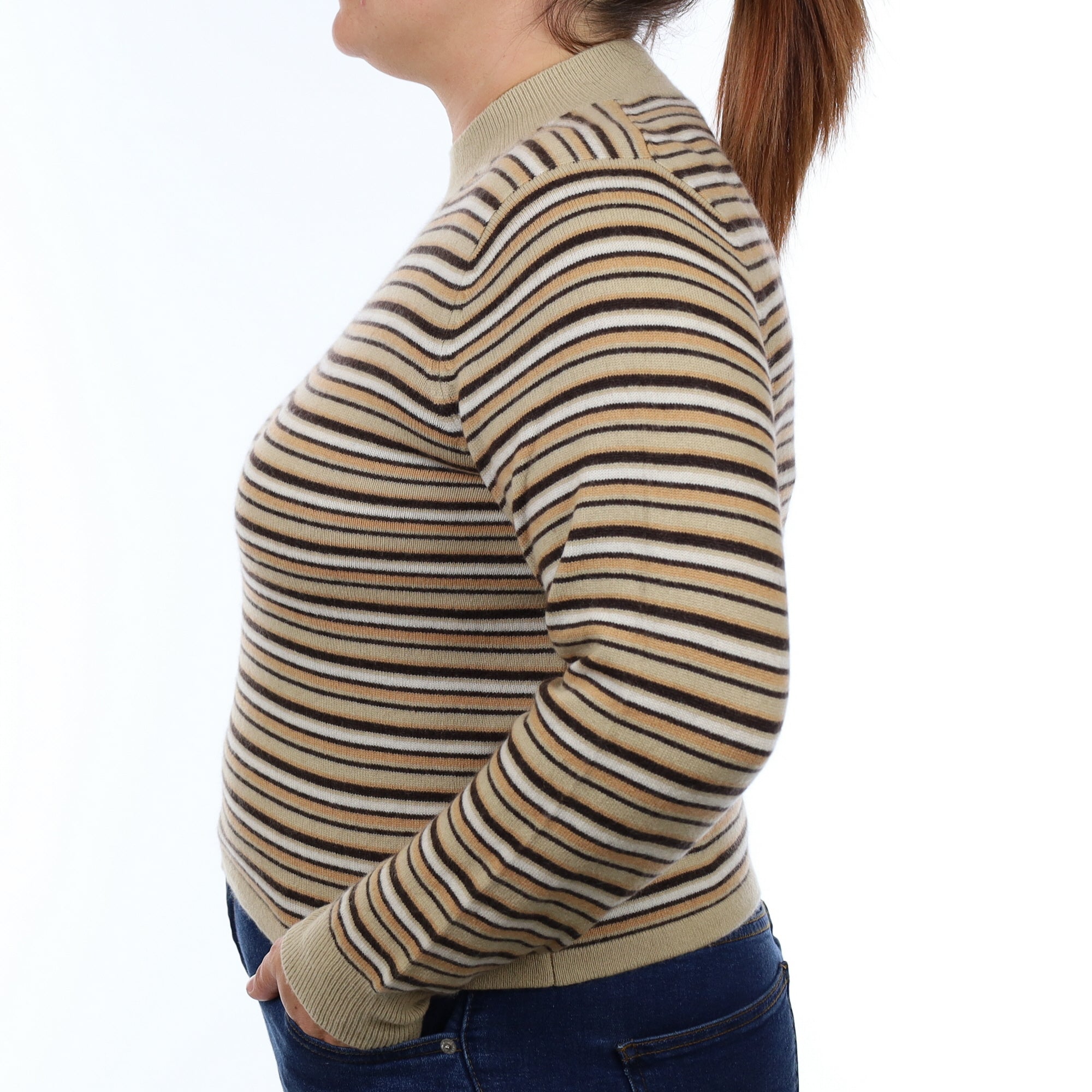 Camel Striped Cashmere Turtleneck Jumper Large