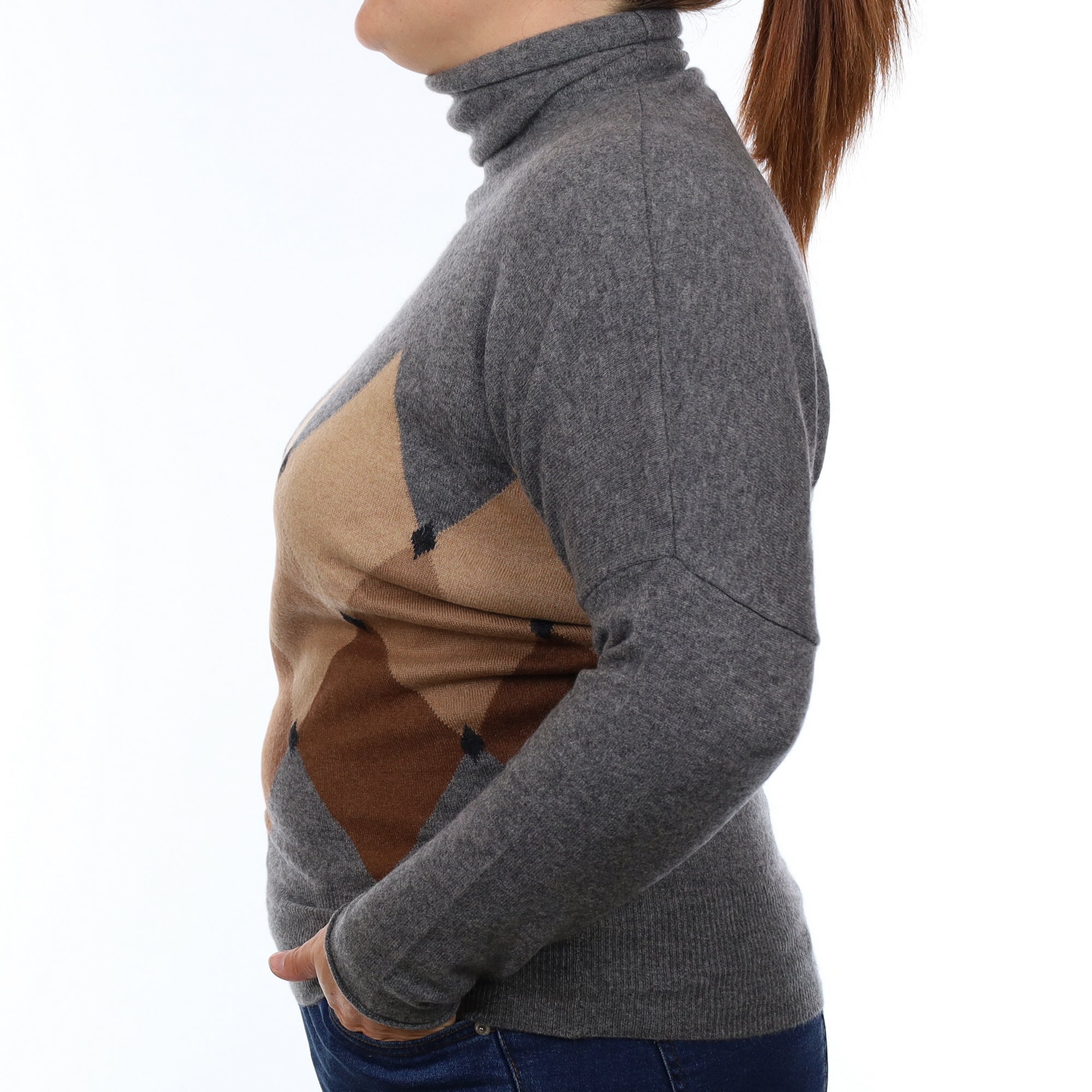 Slate Grey Diamond Cashmere Batwing Funnel Neck Jumper Large