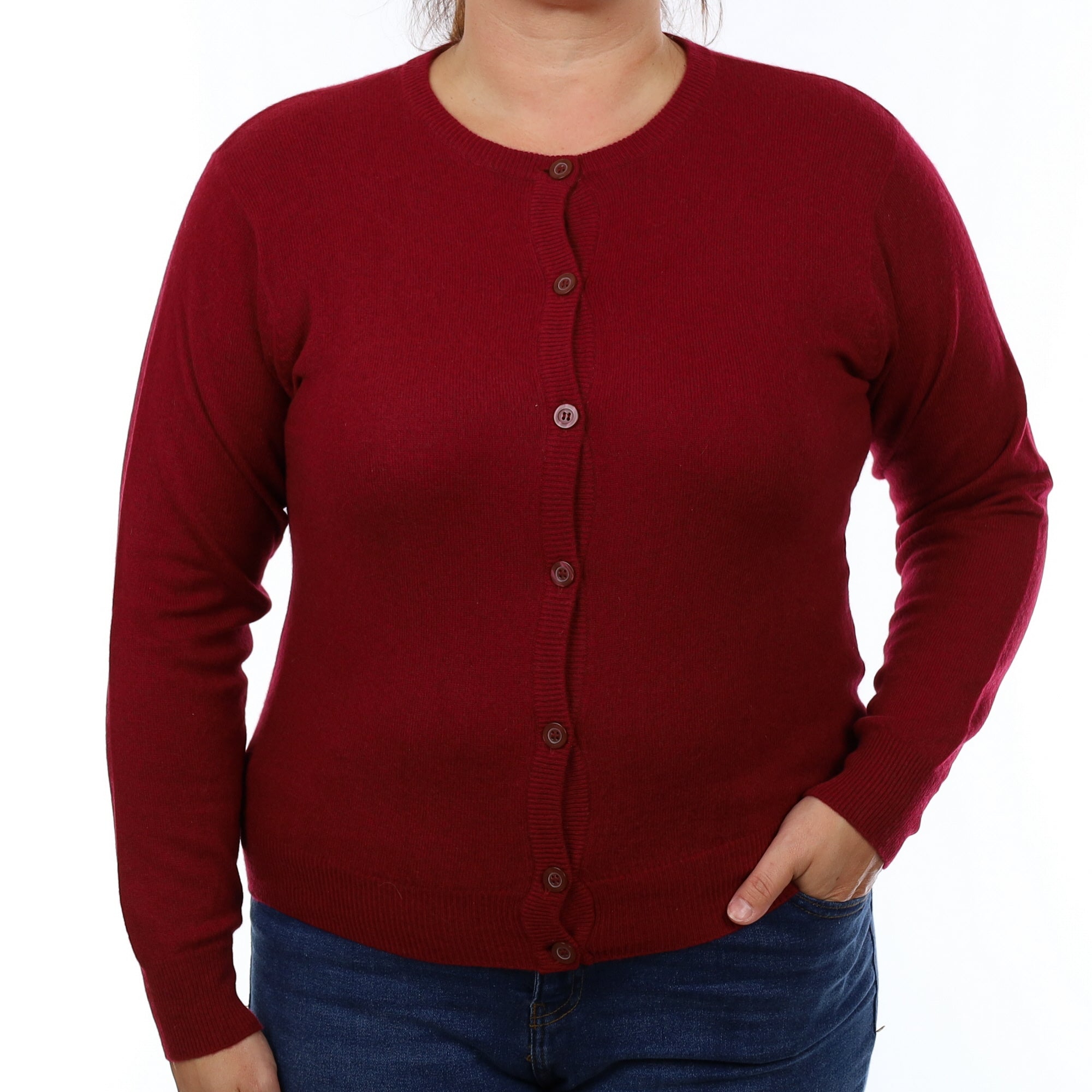 Burgundy Red Cashmere Crew Neck Cardigan Large