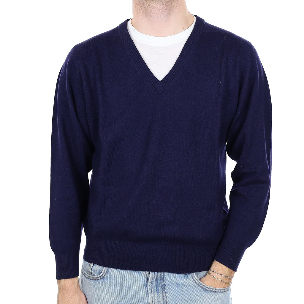 Men's Navy Blue Cashmere V Neck Jumper Large