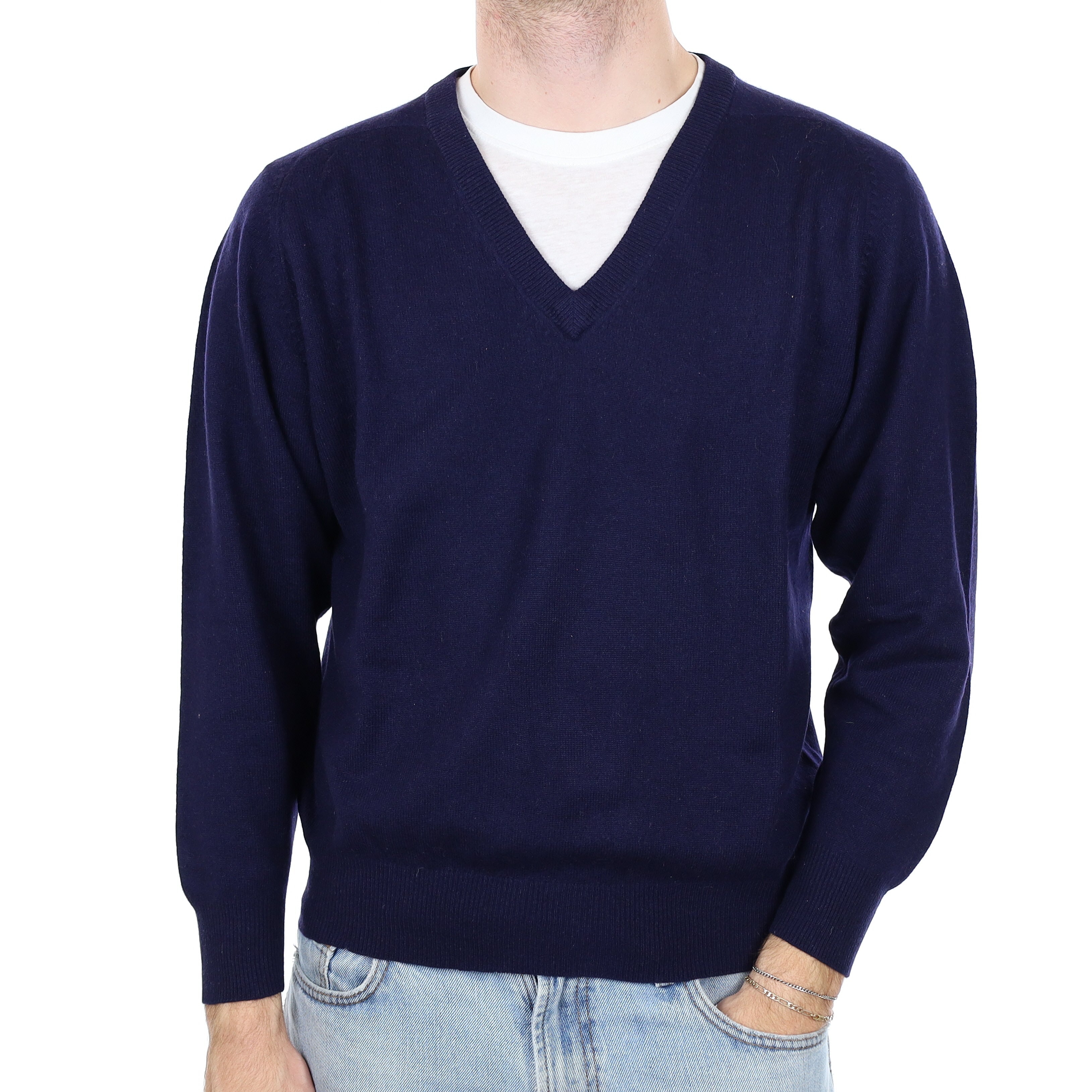 Men's Navy Blue Cashmere V Neck Jumper Large