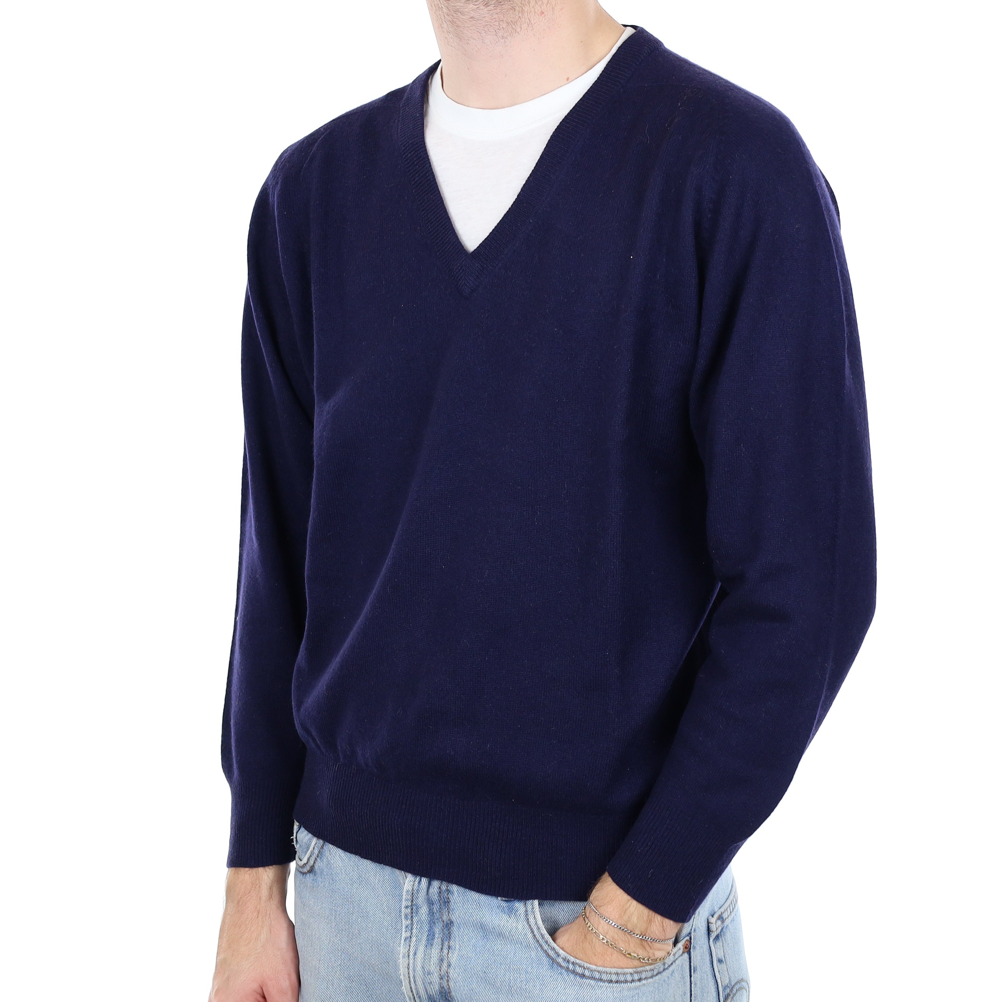 Men's Navy Blue Cashmere V Neck Jumper Large