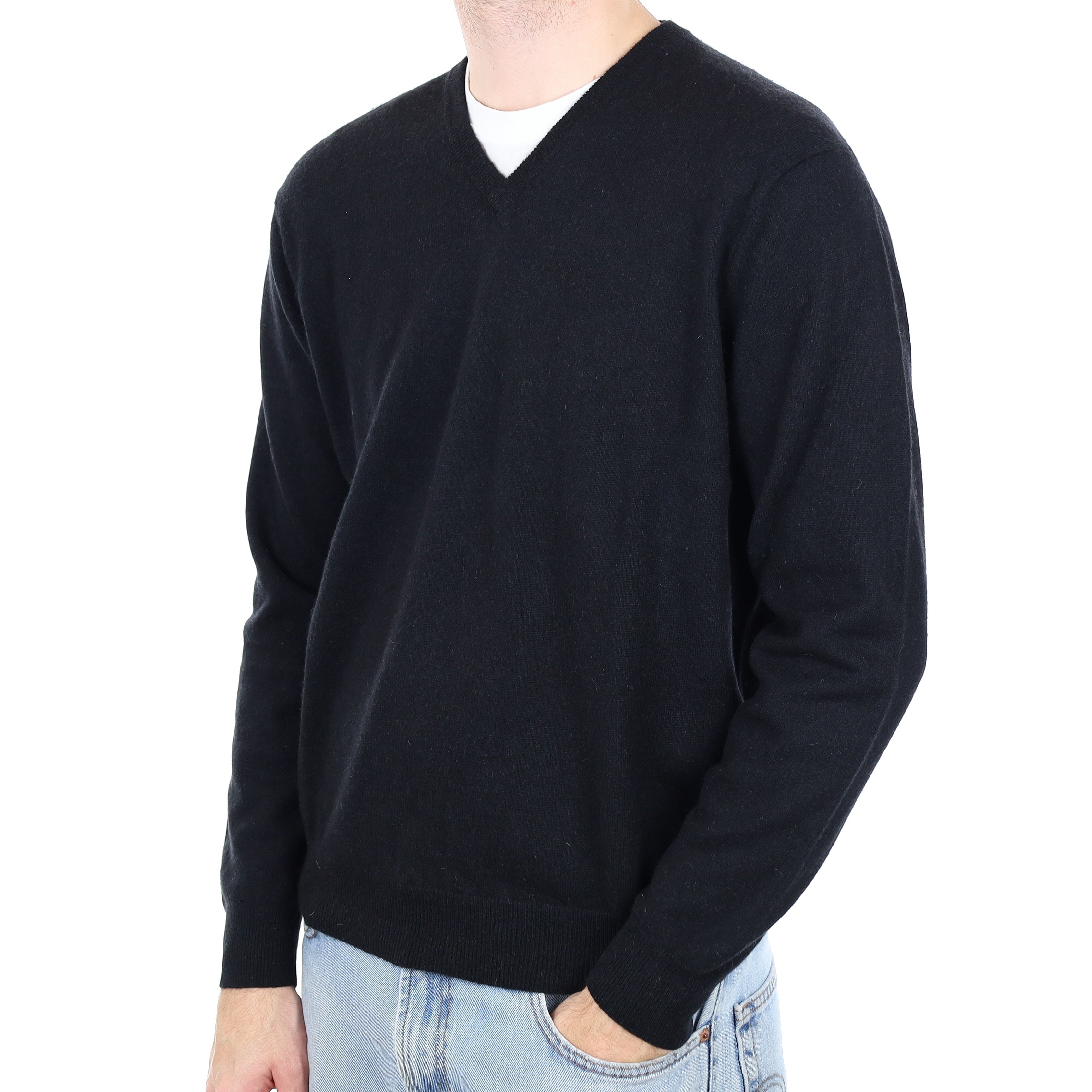 Men's Black Cashmere V Neck Jumper Large