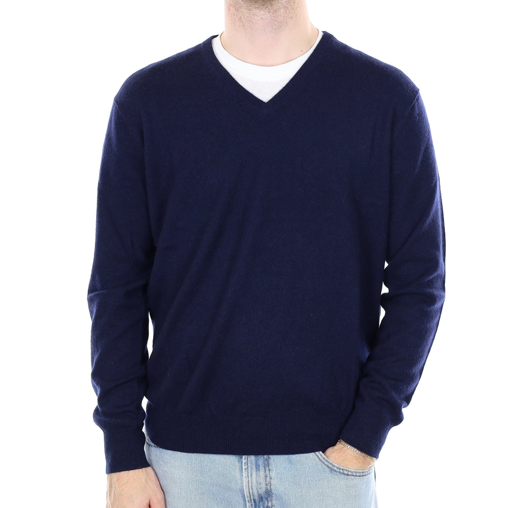 Men's Navy Blue Cashmere V Neck Jumper Large