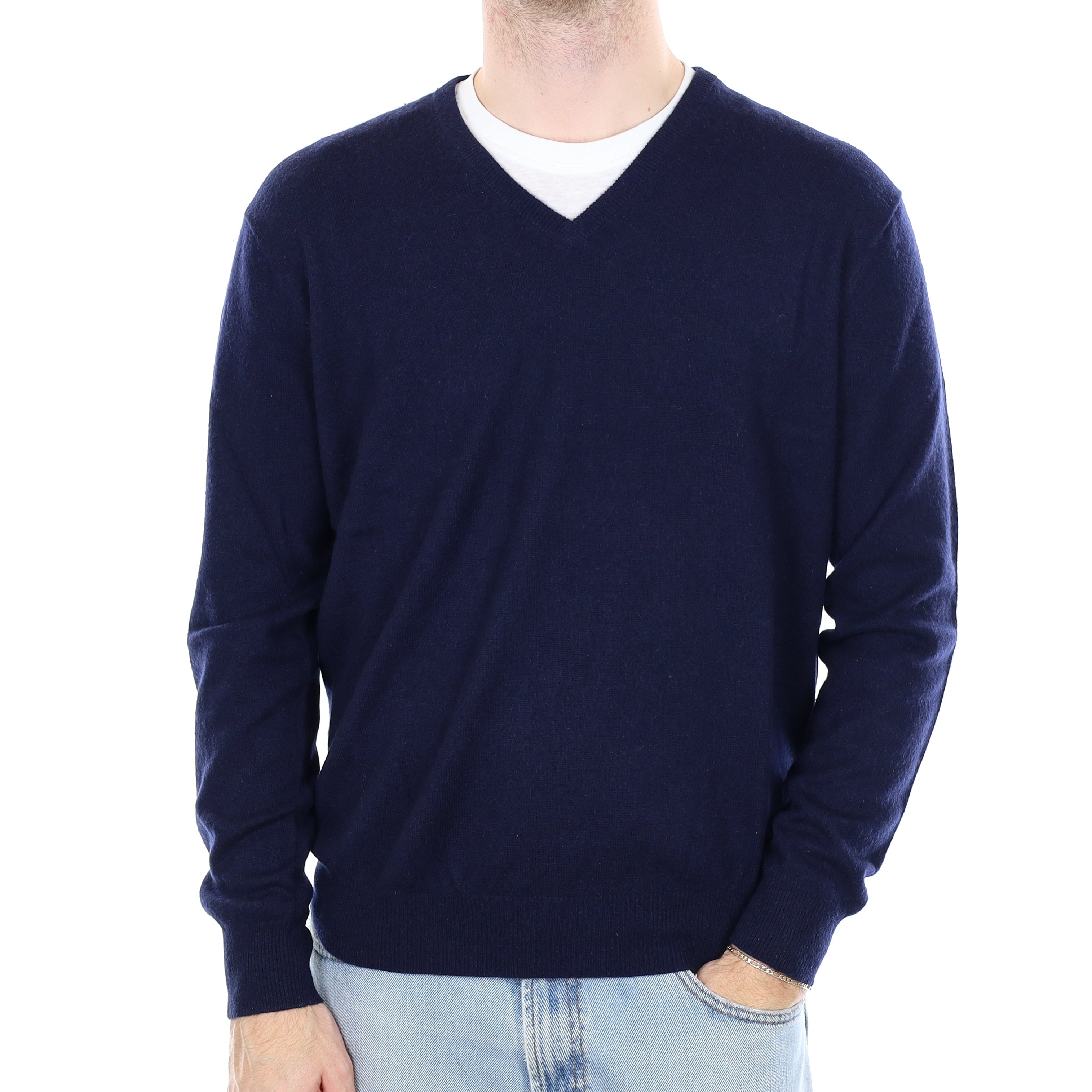 Men's Navy Blue Cashmere V Neck Jumper Large