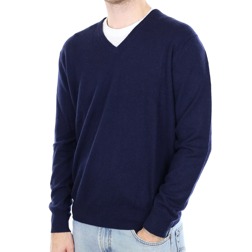 Men's Navy Blue Cashmere V Neck Jumper Large