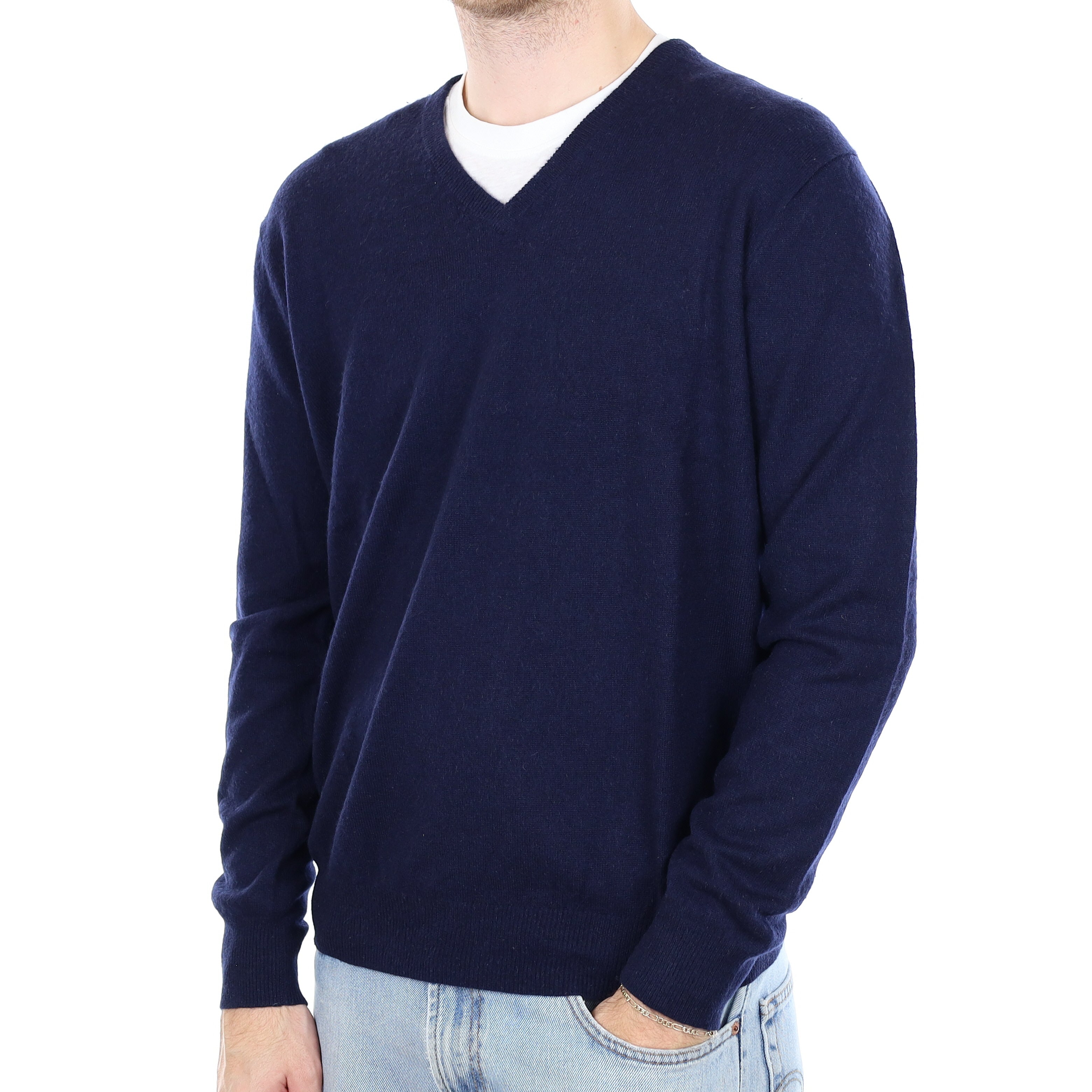 Men's Navy Blue Cashmere V Neck Jumper Large