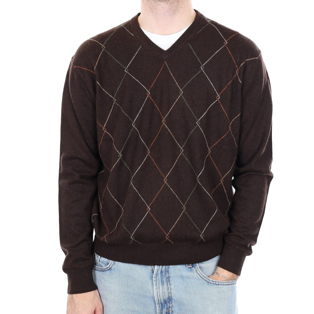 Men's Brown Diamond Patterned Cashmere V Neck Jumper Large