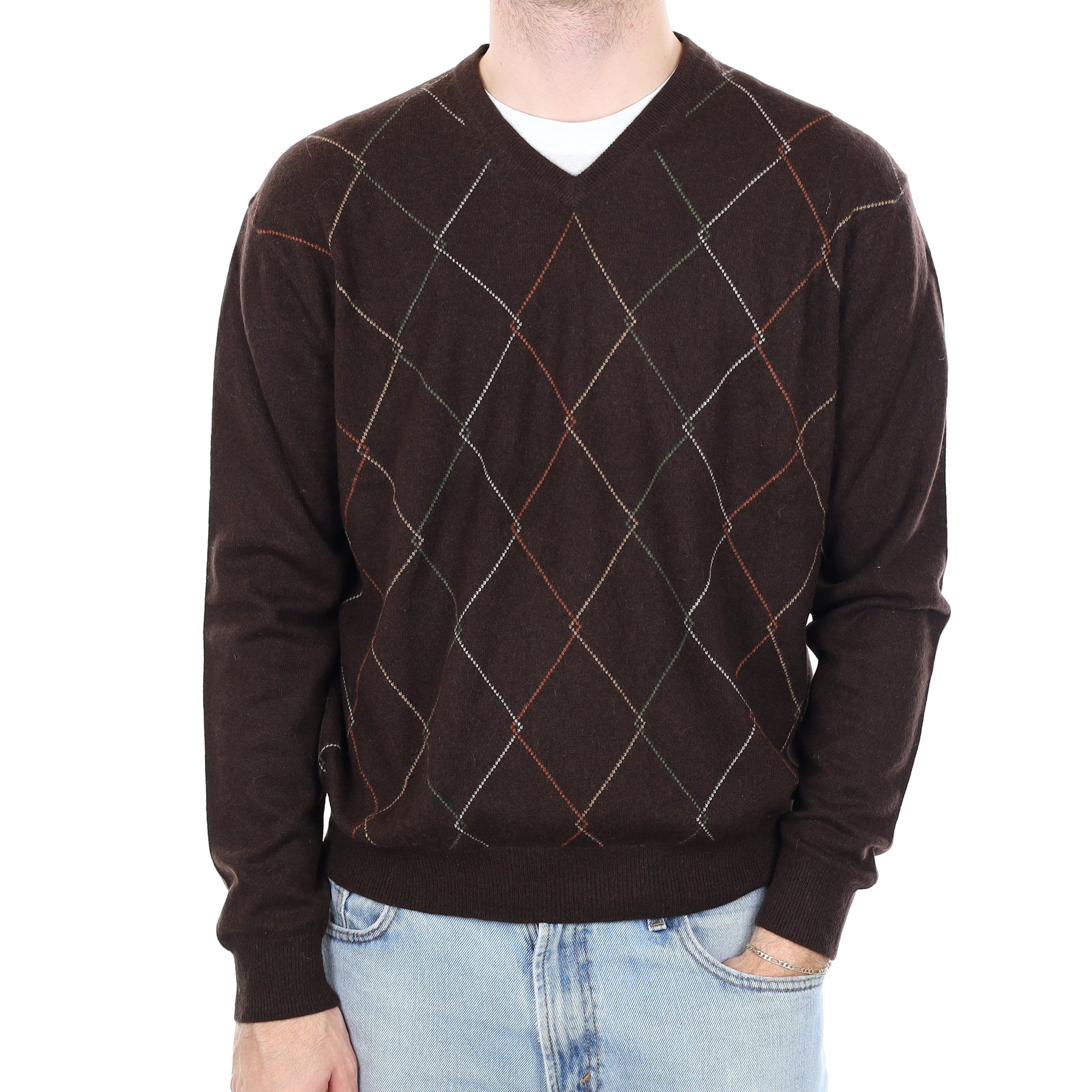 Men's Brown Diamond Patterned Cashmere V Neck Jumper Large