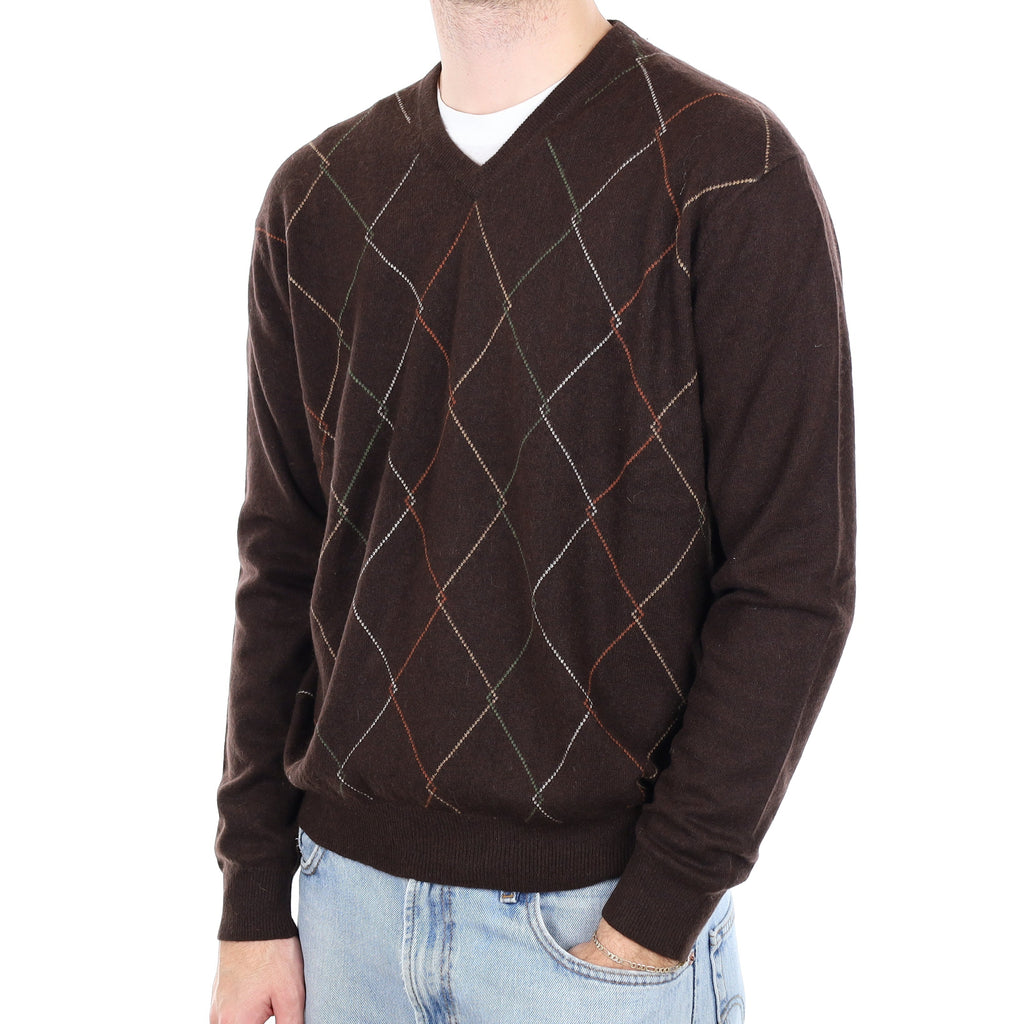 Men's Brown Diamond Patterned Cashmere V Neck Jumper Large