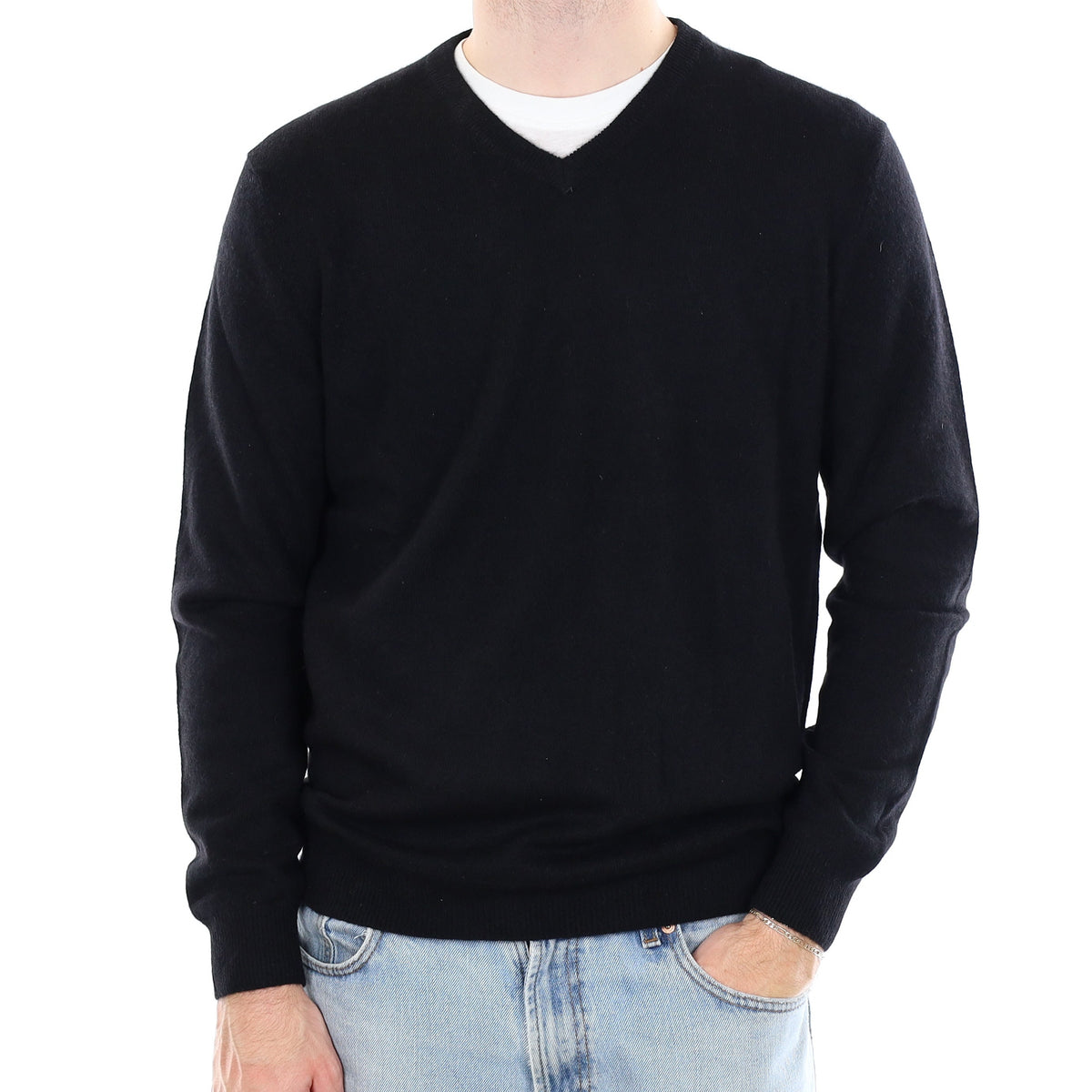 Men's Black Cashmere V Neck Jumper Large