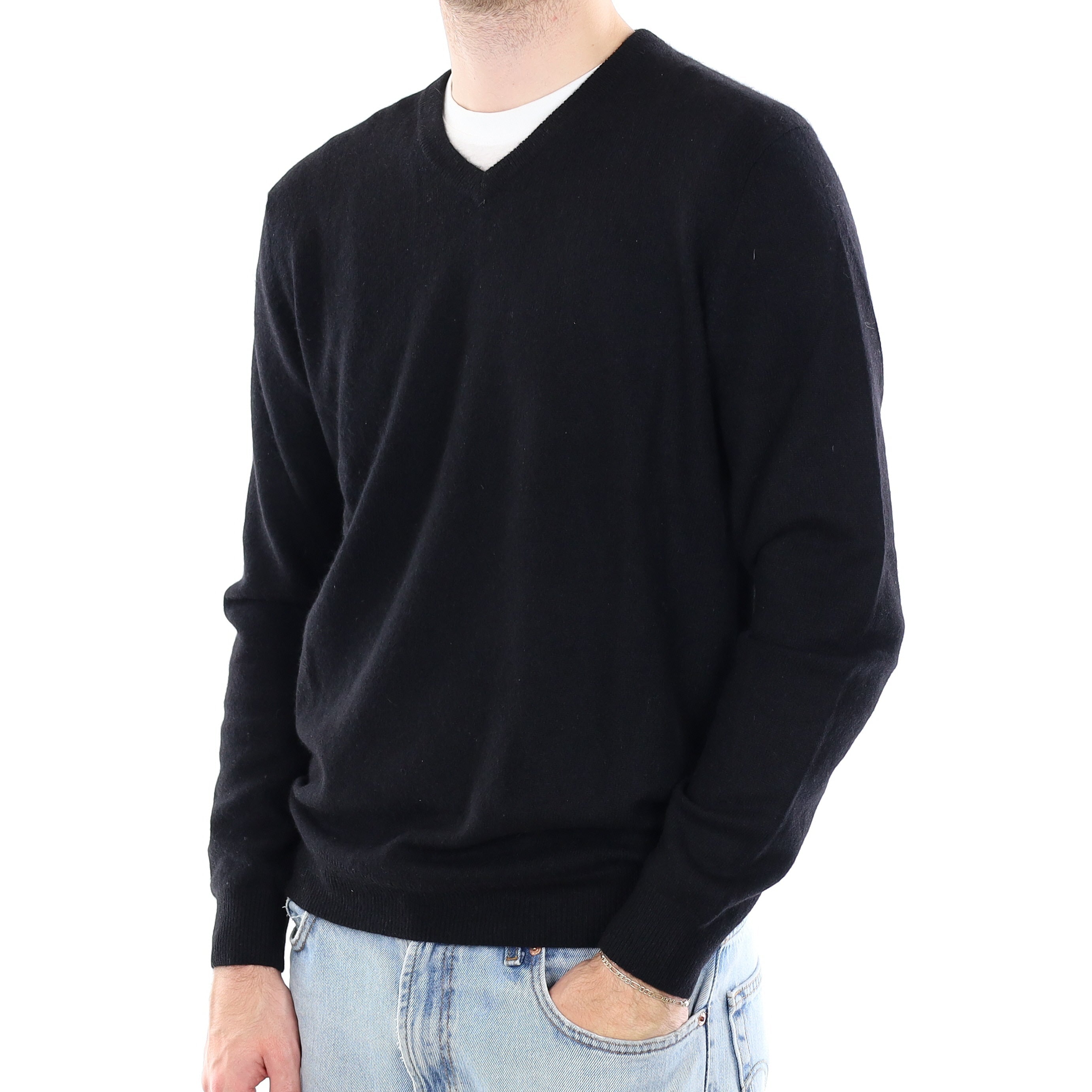 Men's Black Cashmere V Neck Jumper Large