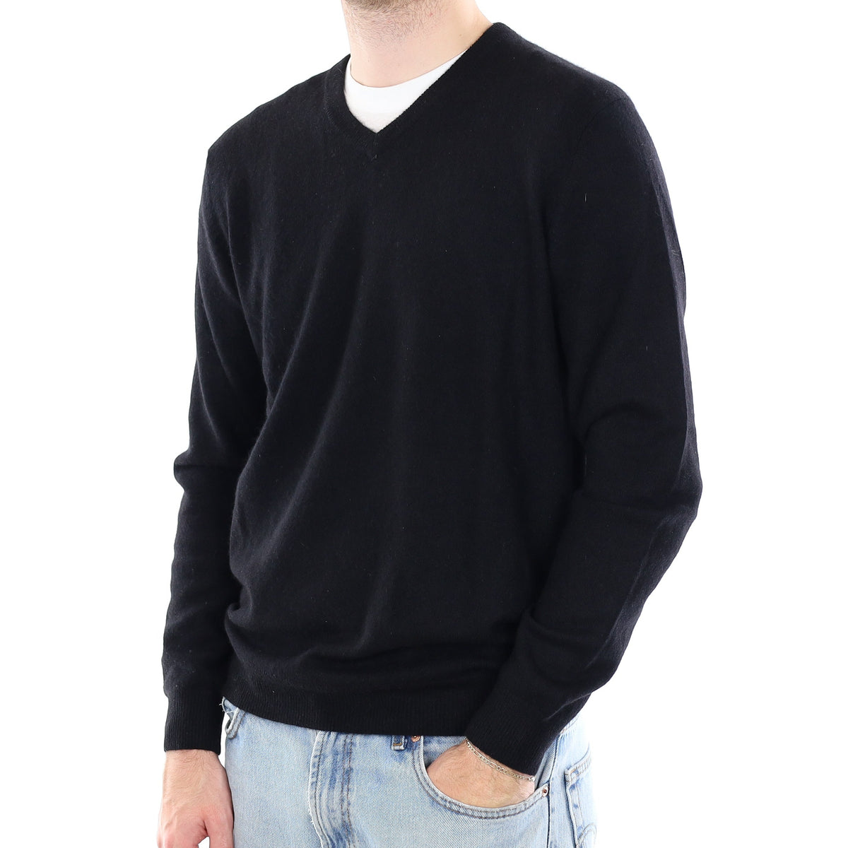 Men's Black Cashmere V Neck Jumper Large