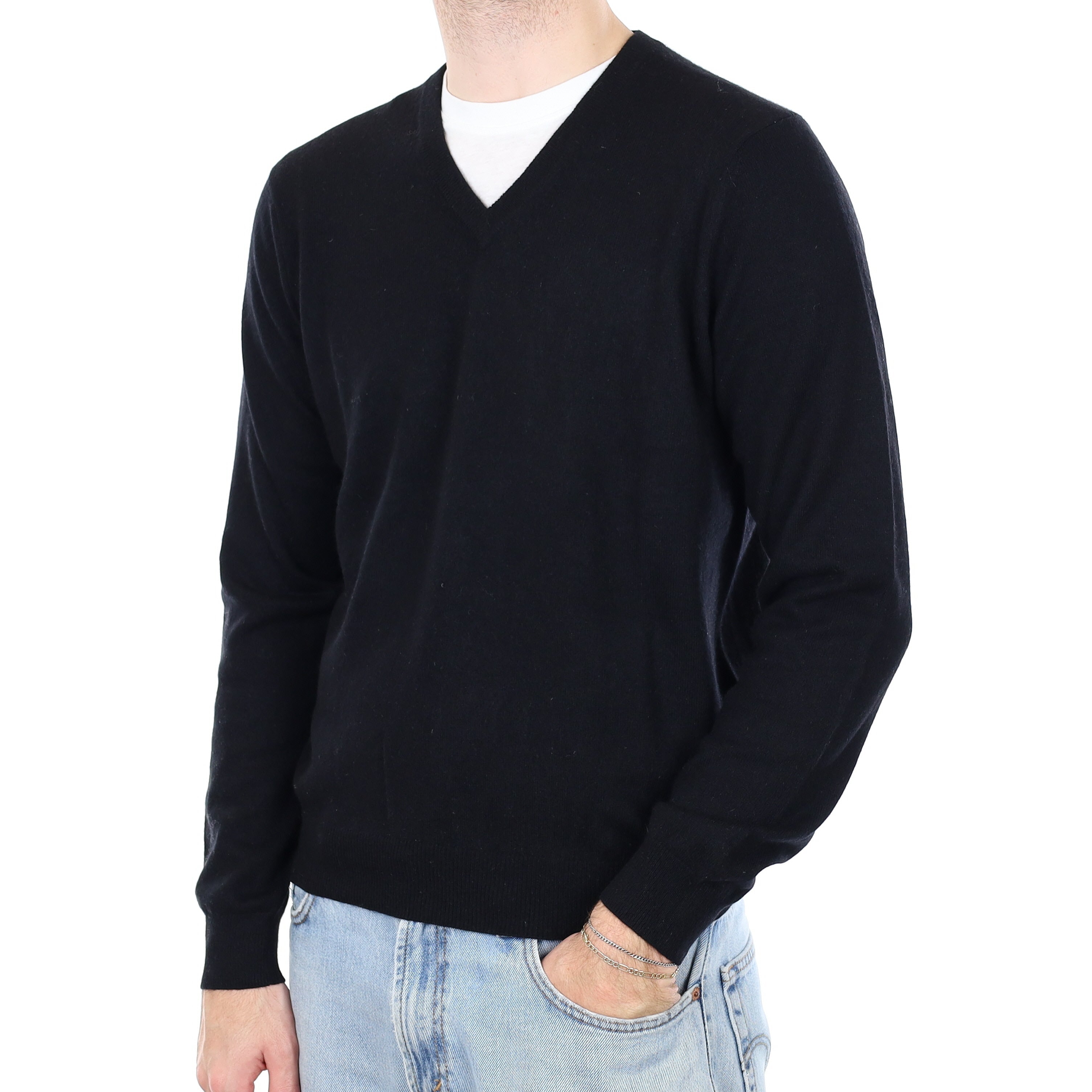 Men's Black Cashmere V Neck Jumper Large