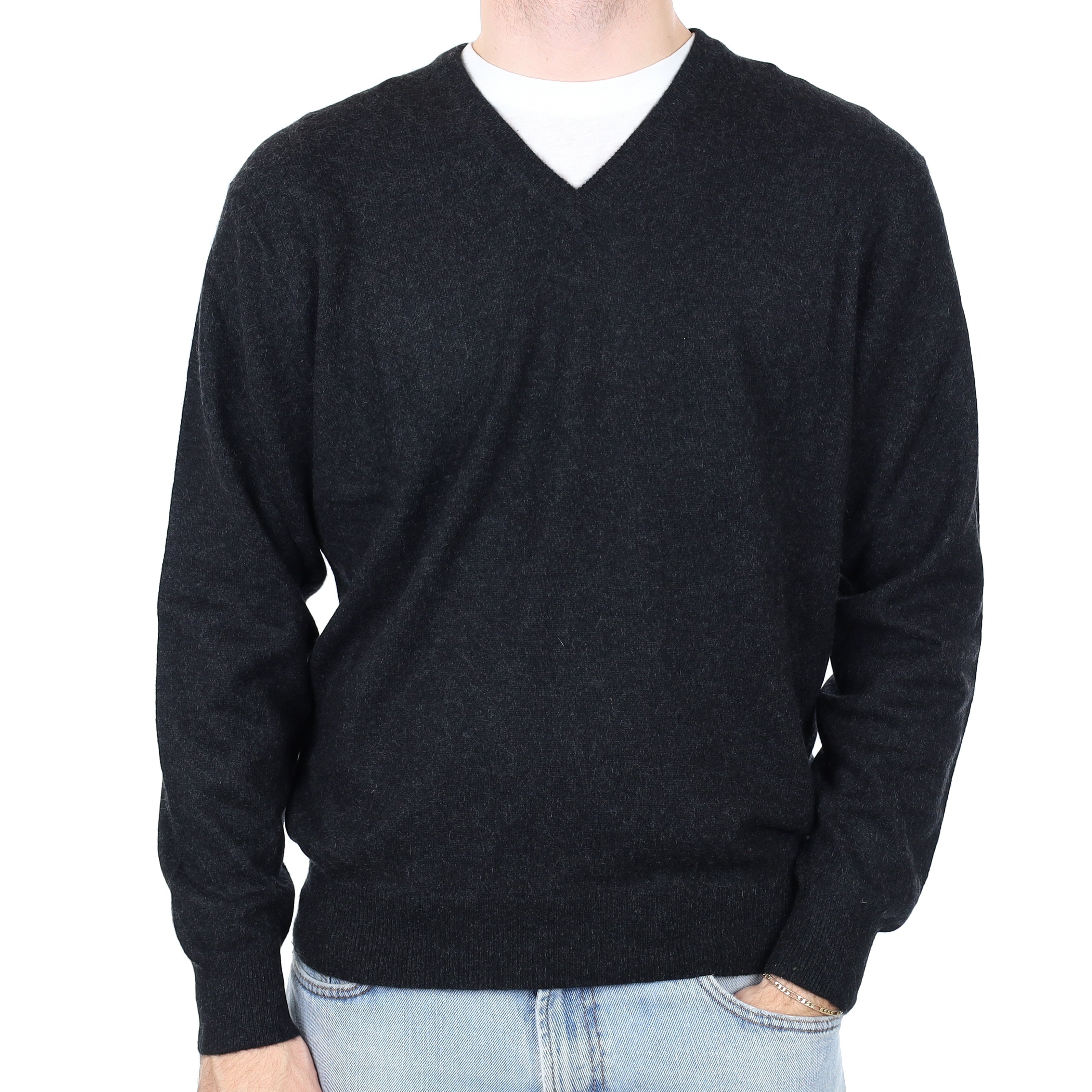 Men's Charcoal Grey Cashmere V Neck Jumper Large