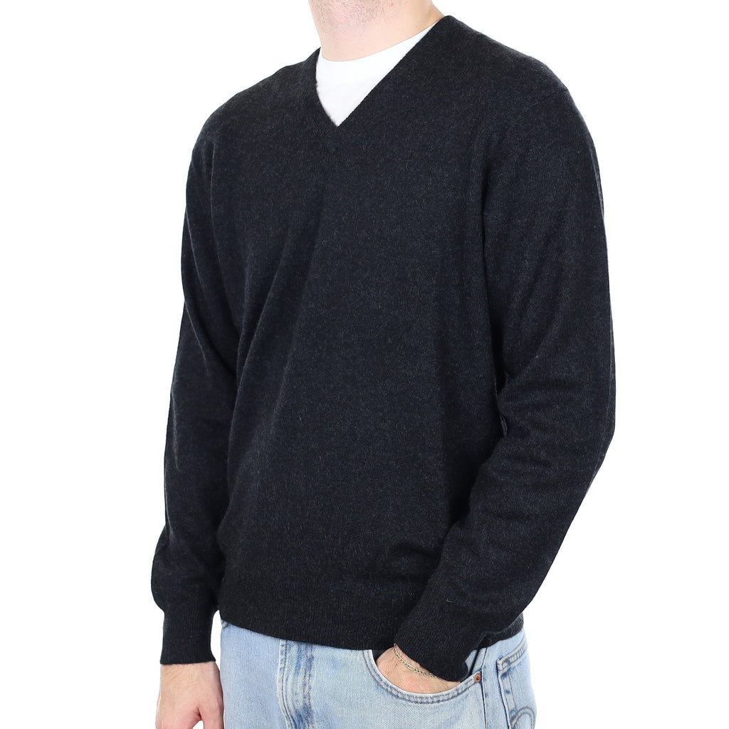 Men's Charcoal Grey Cashmere V Neck Jumper Large