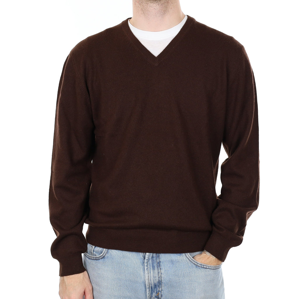 Men's Deep Chocolate Brown Cashmere V Neck Jumper Large