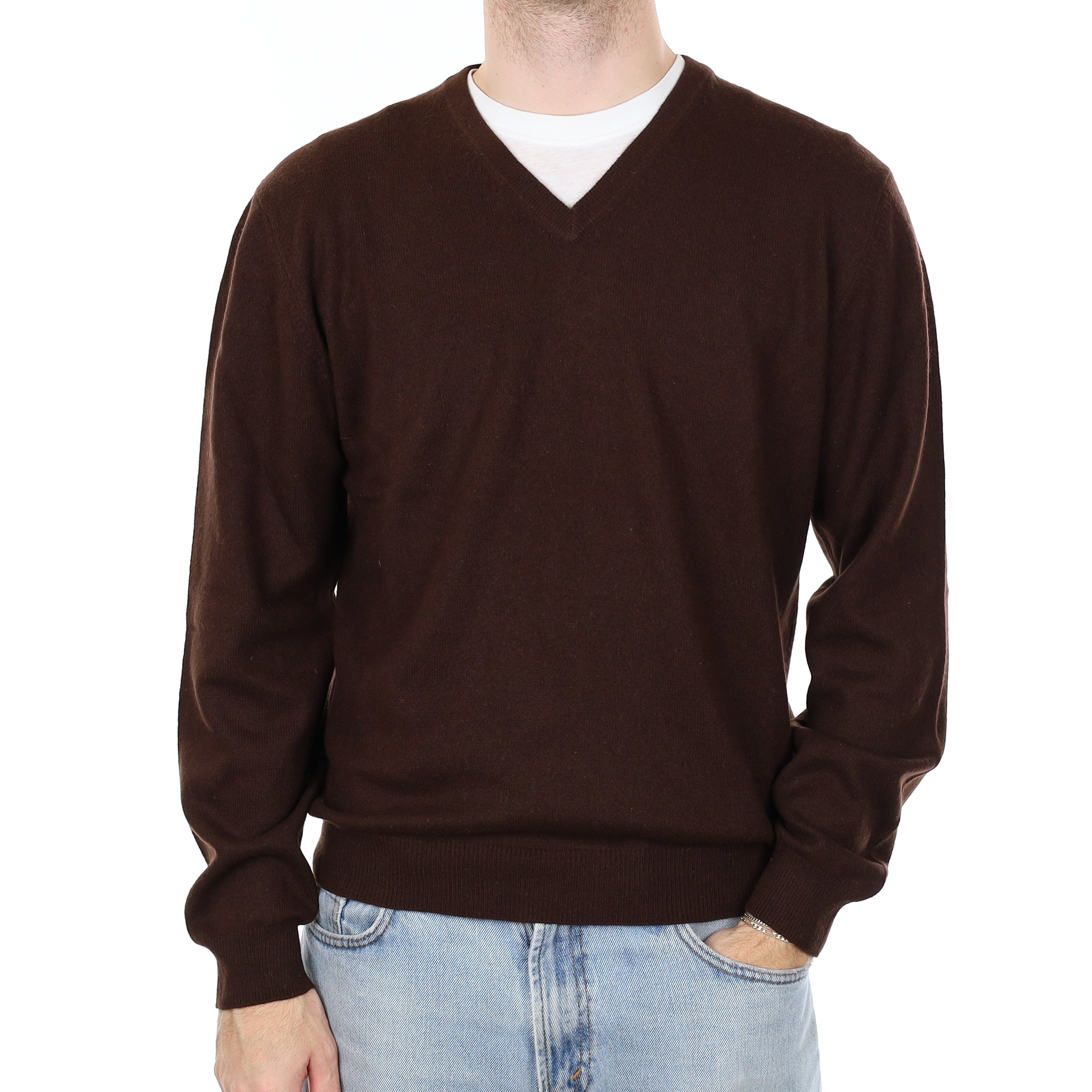 Men's Deep Chocolate Brown Cashmere V Neck Jumper Large
