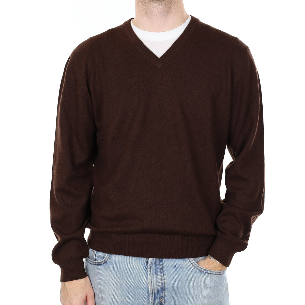 Men's Deep Chocolate Brown Cashmere V Neck Jumper Large