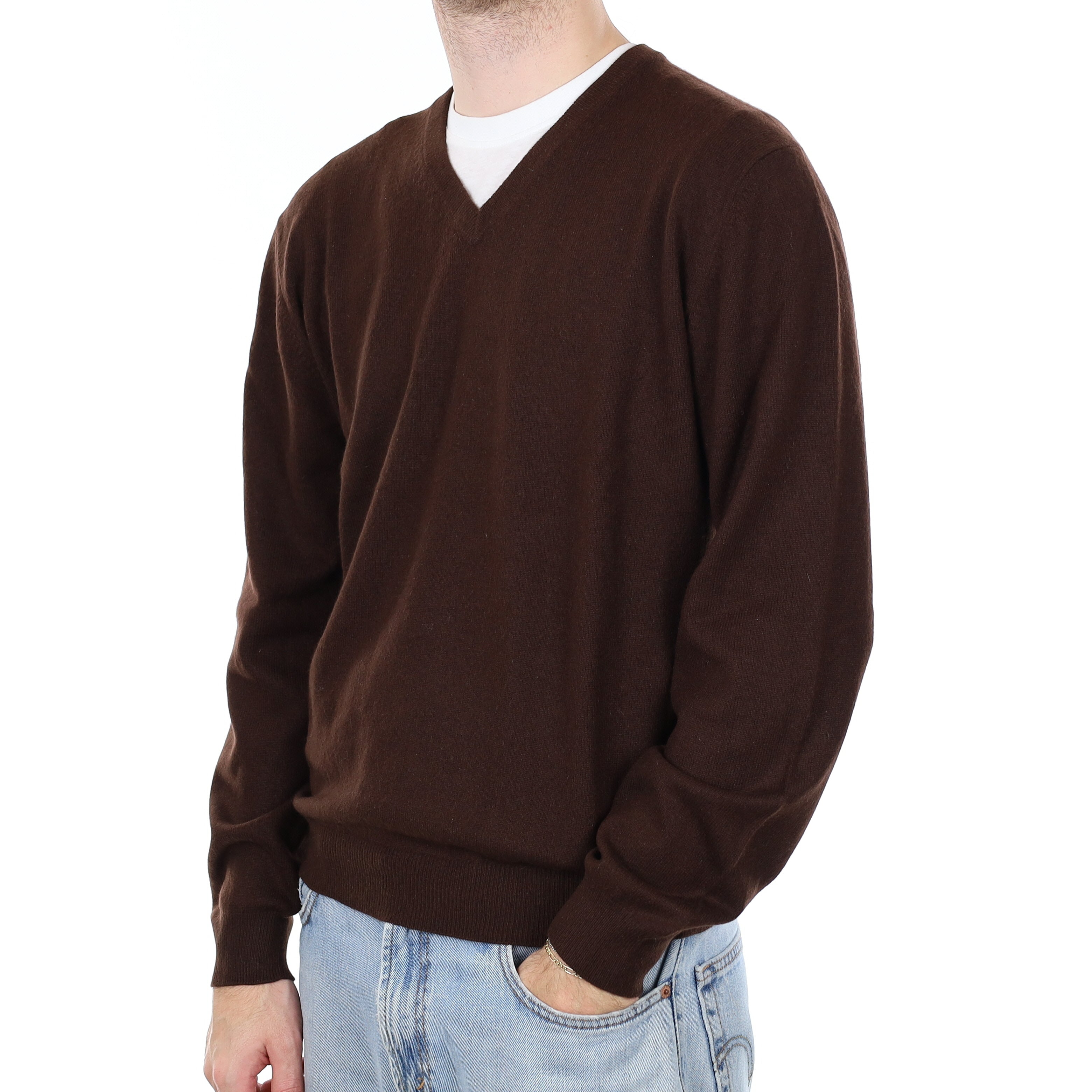 Men's Deep Chocolate Brown Cashmere V Neck Jumper Large