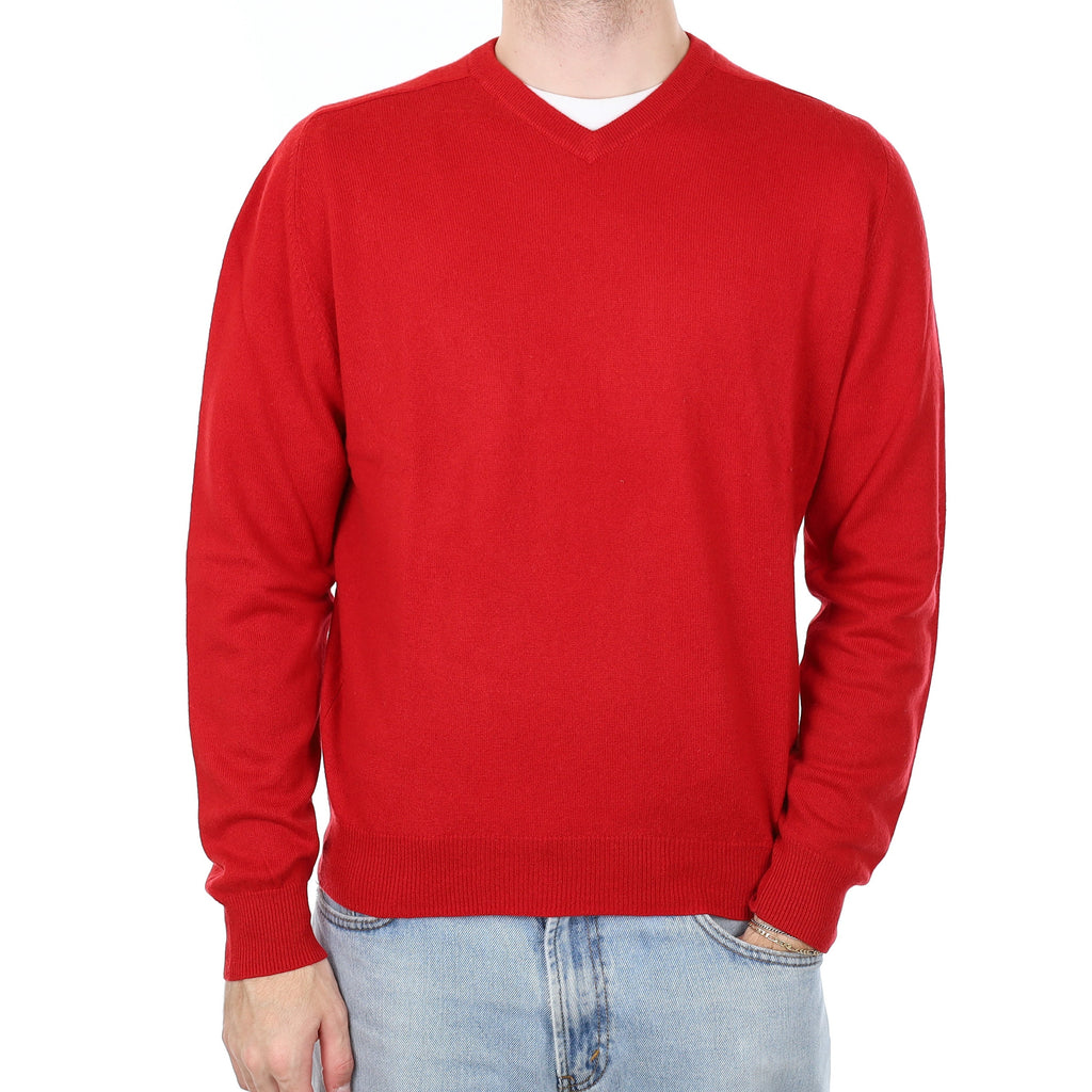 Men's Crimson Red Cashmere V Neck Jumper Large