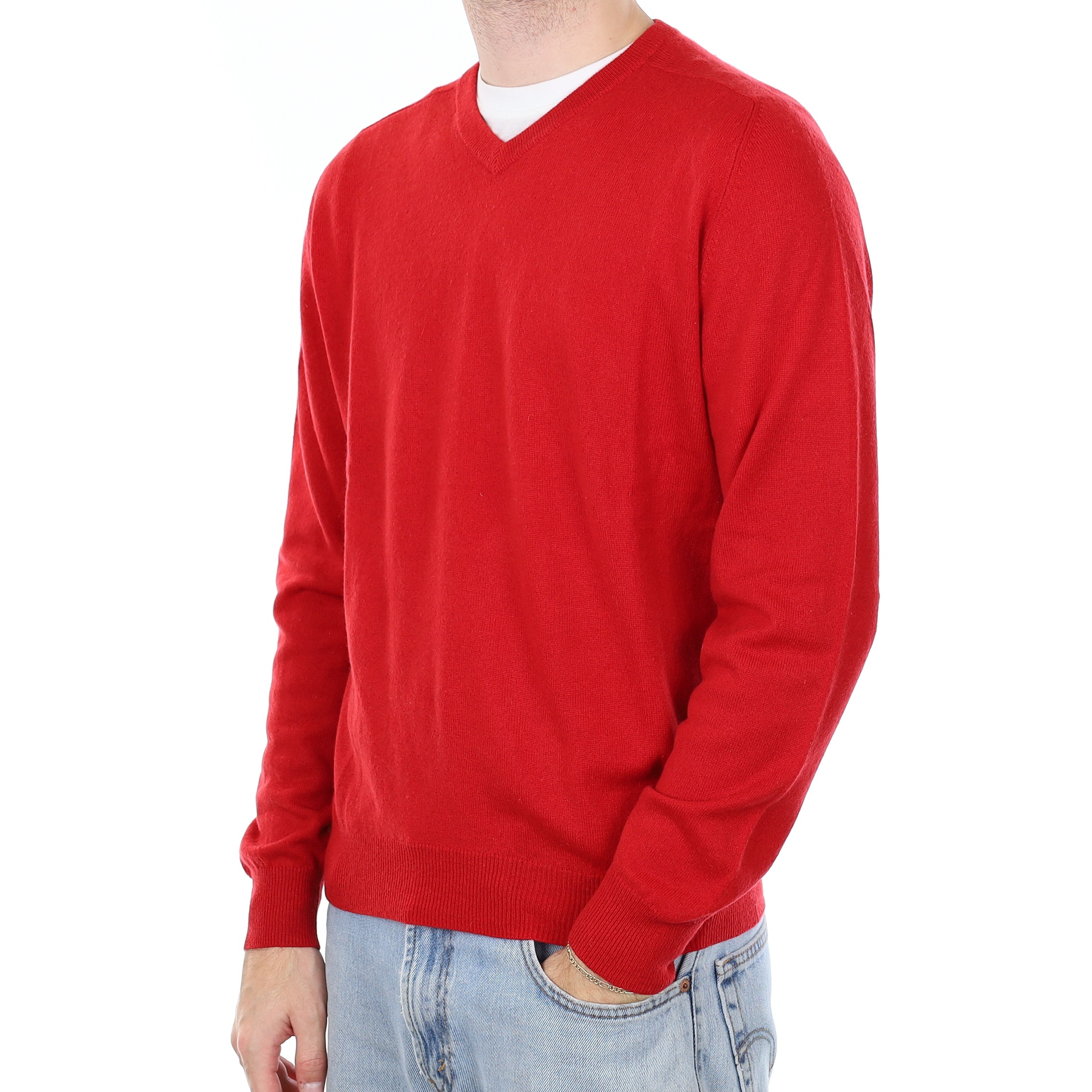 Men's Crimson Red Cashmere V Neck Jumper Large