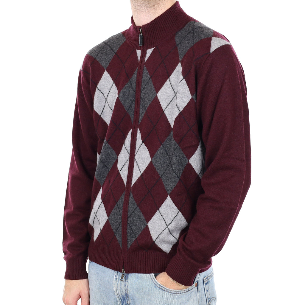 Men's Grey and Mulberry Argyle Cashmere Turtle Neck Double Zip up Cardigan Large
