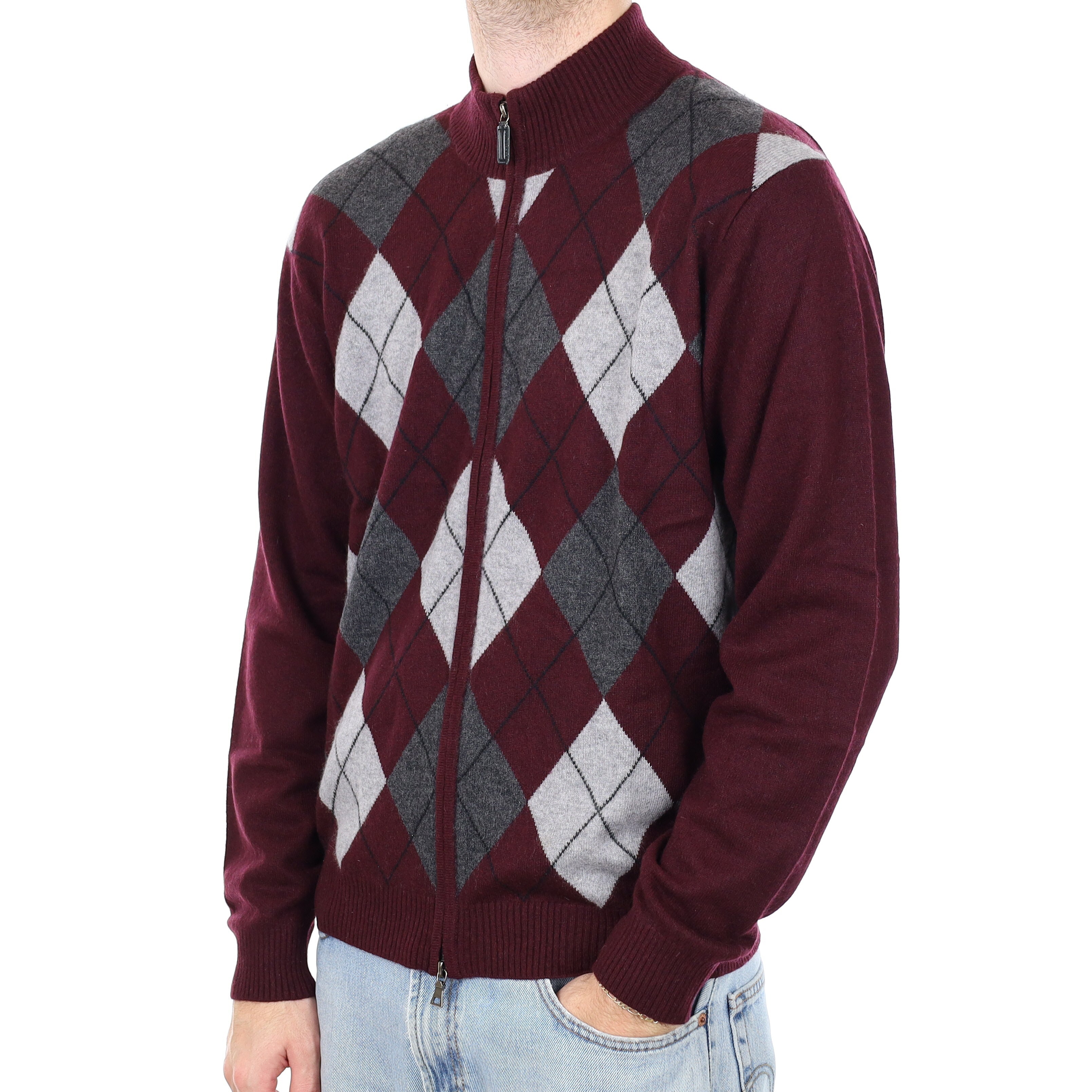 Men's Grey and Mulberry Argyle Cashmere Turtle Neck Double Zip up Cardigan Large