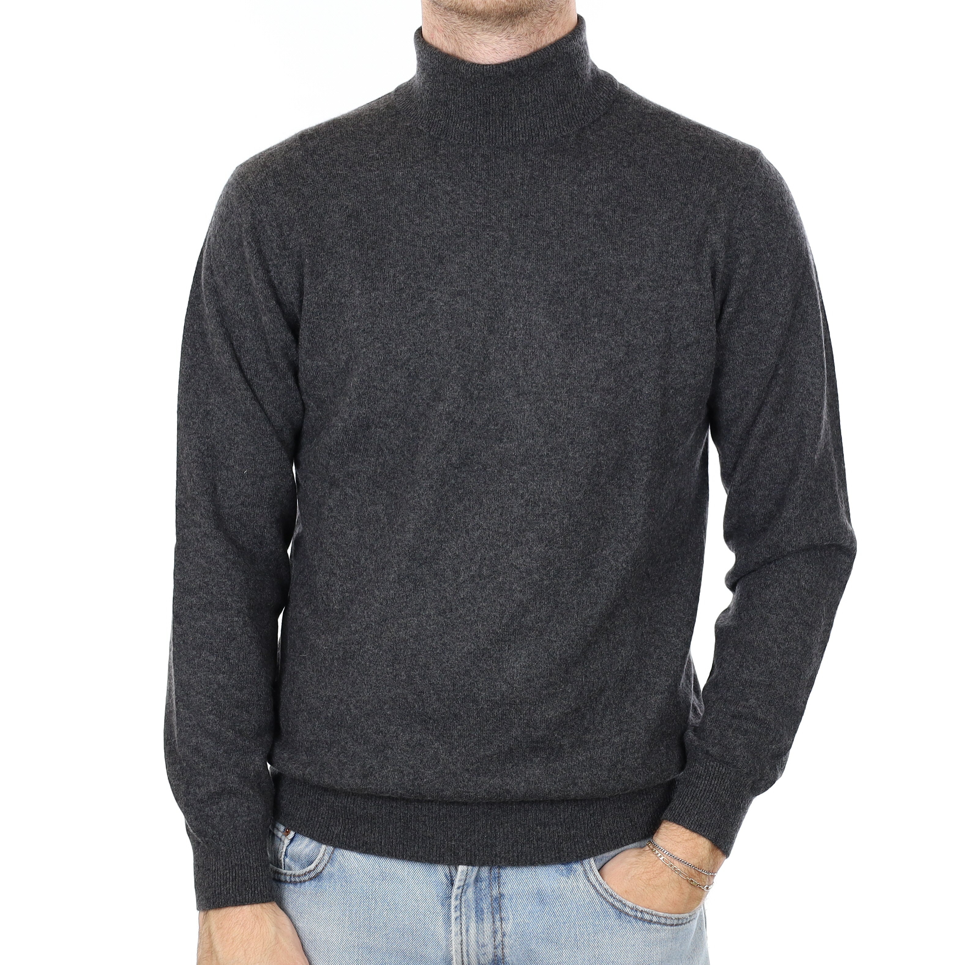 Men's Charcoal Grey Cashmere Polo Neck Jumper Large