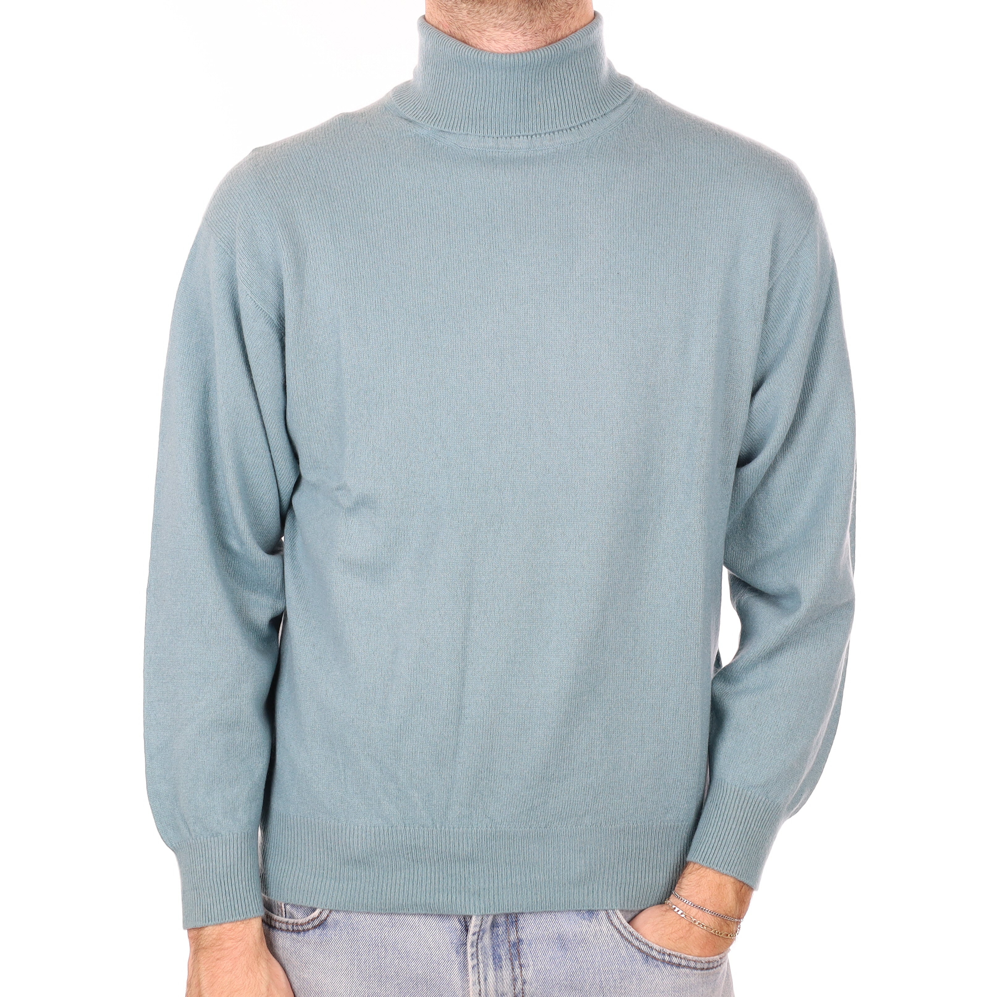 Men's Duck Egg Blue Cashmere Polo Neck Jumper Large