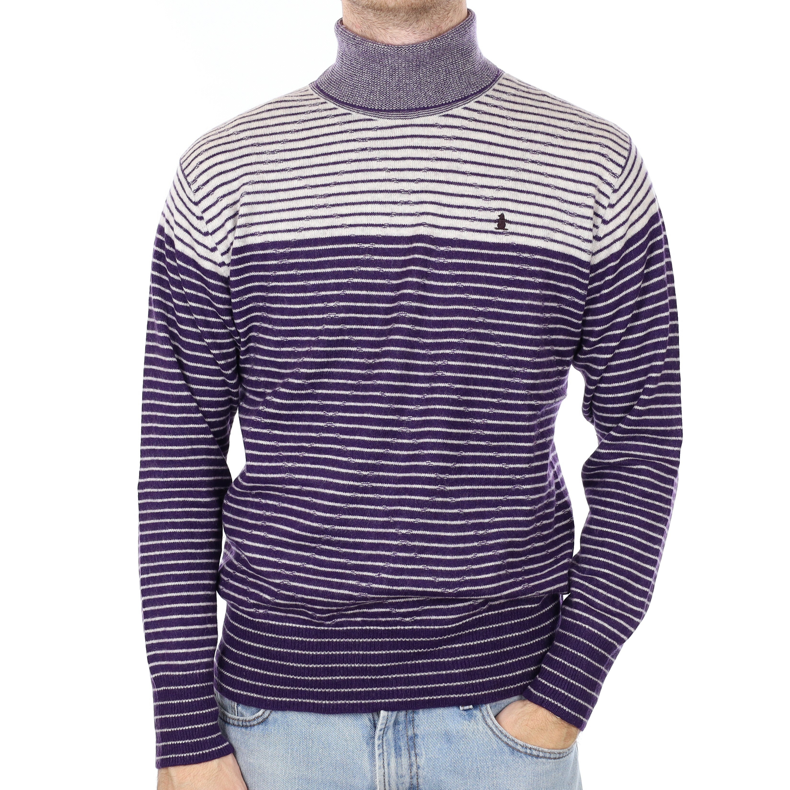 Men's purple and Grey Striped Cashmere Polo Neck Jumper Large
