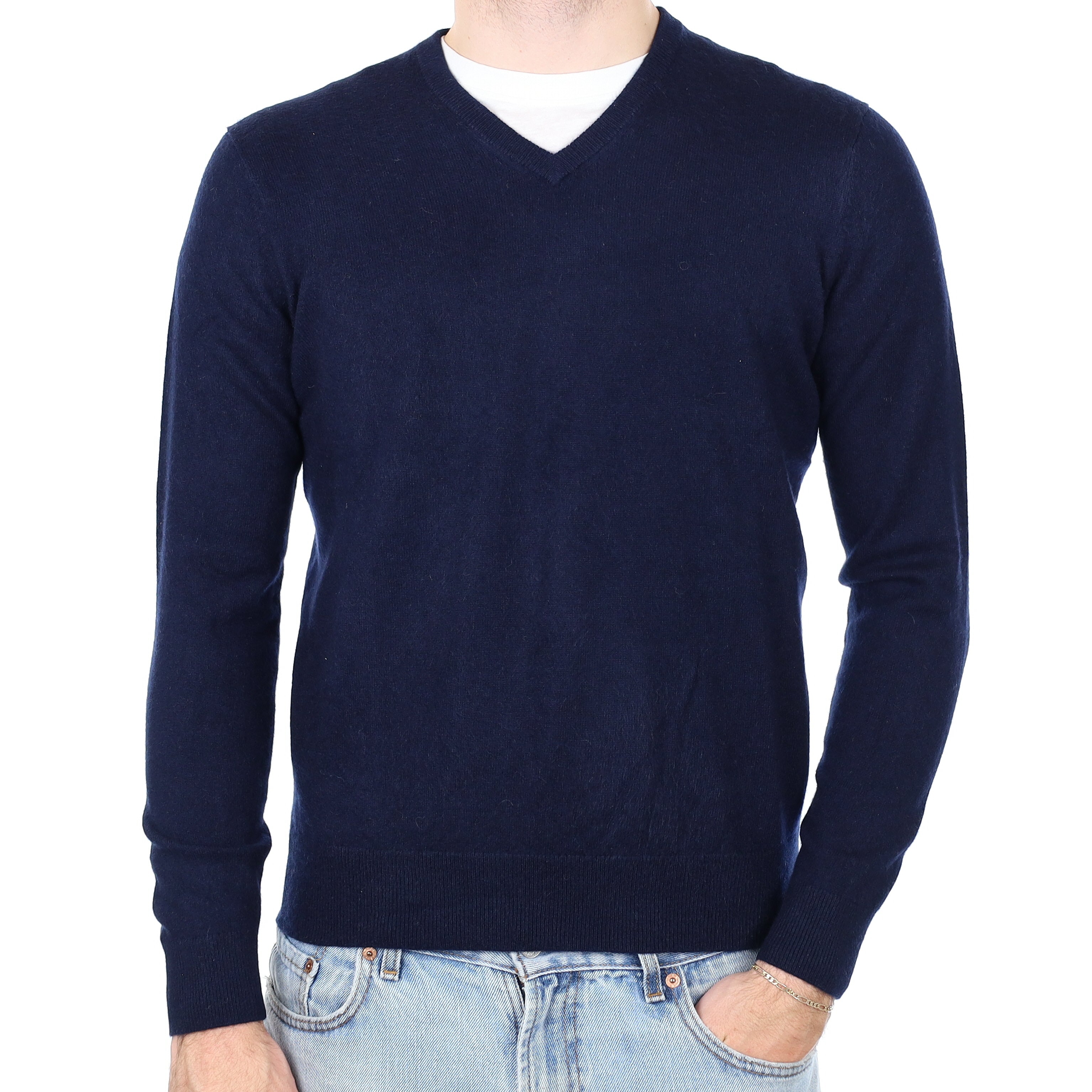 Men's Navy Blue Cashmere V Neck Jumper Medium
