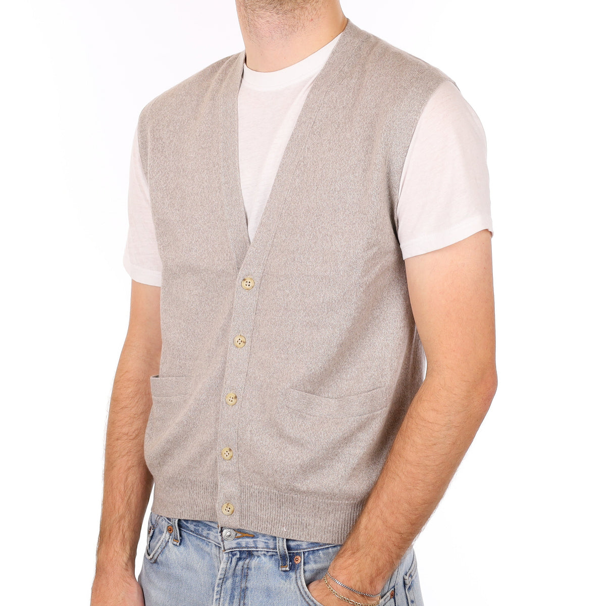 Men's Light Mink Grey Cashmere V Neck Waistcoat Medium