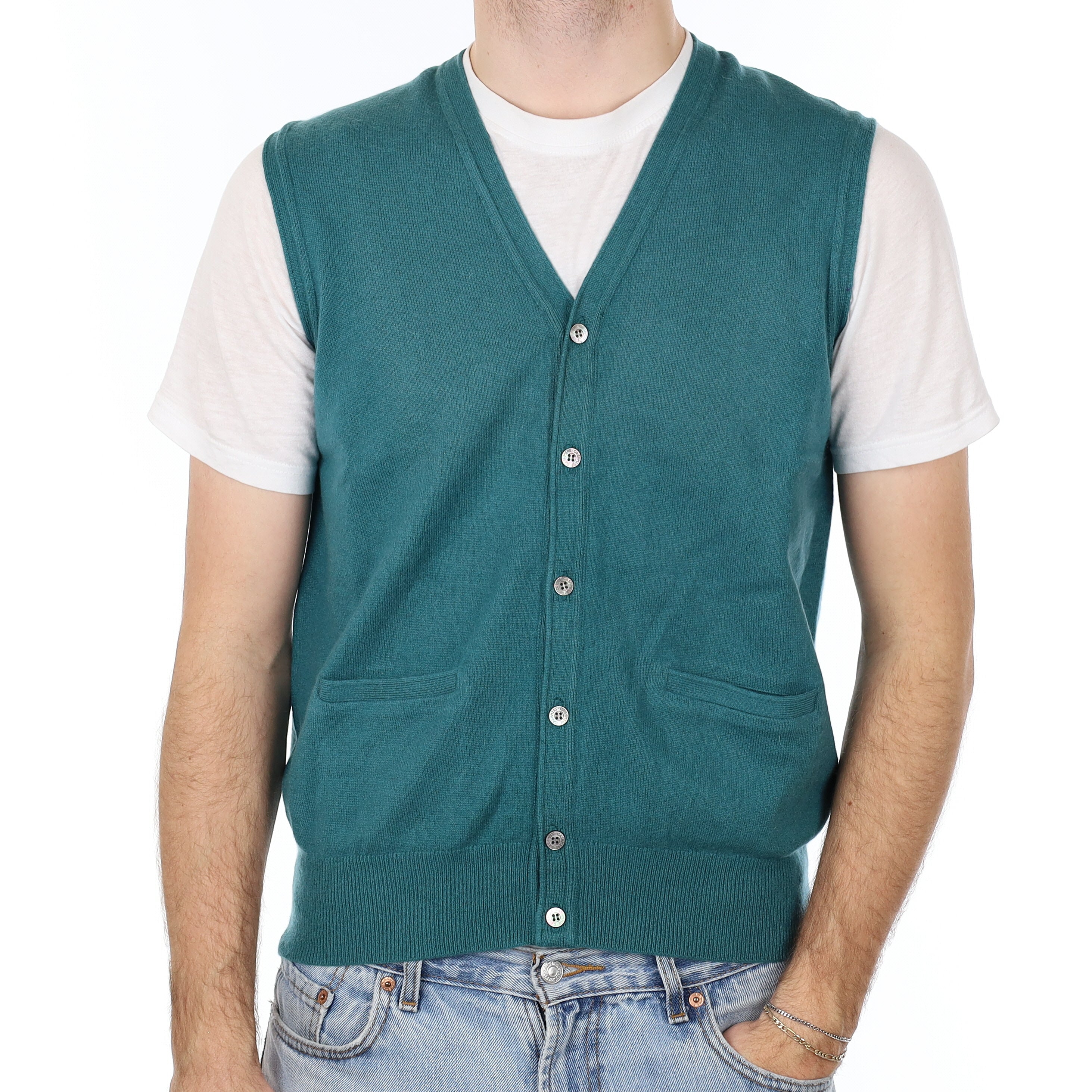 Men's Jade Green Cashmere V Neck Waistcoat Medium