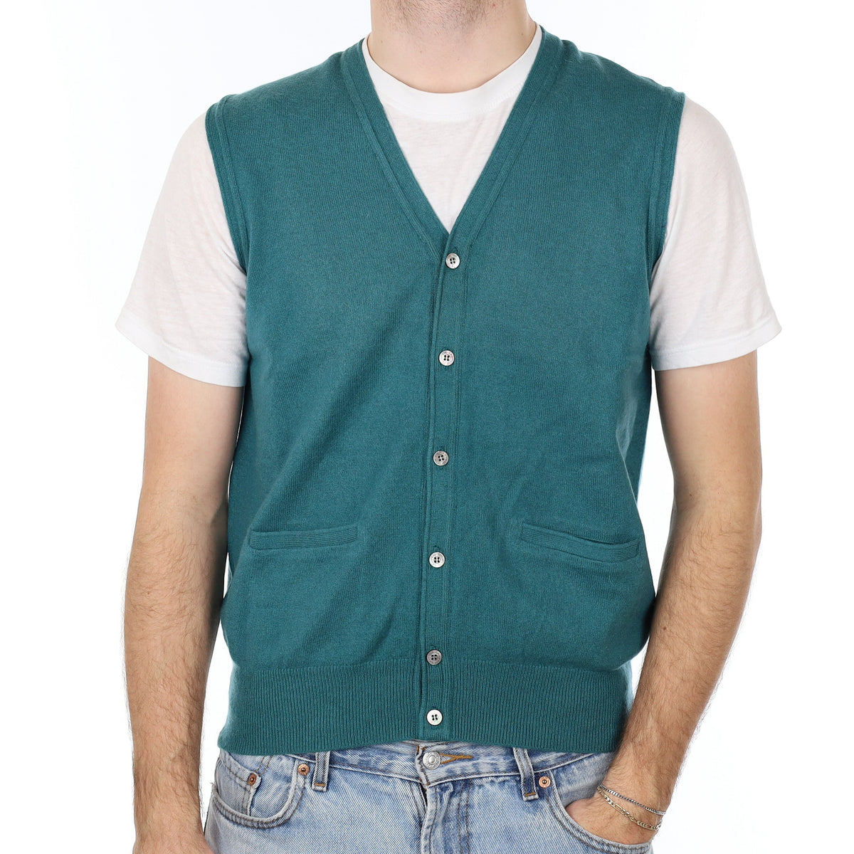Men's Jade Green Cashmere V Neck Waistcoat Medium